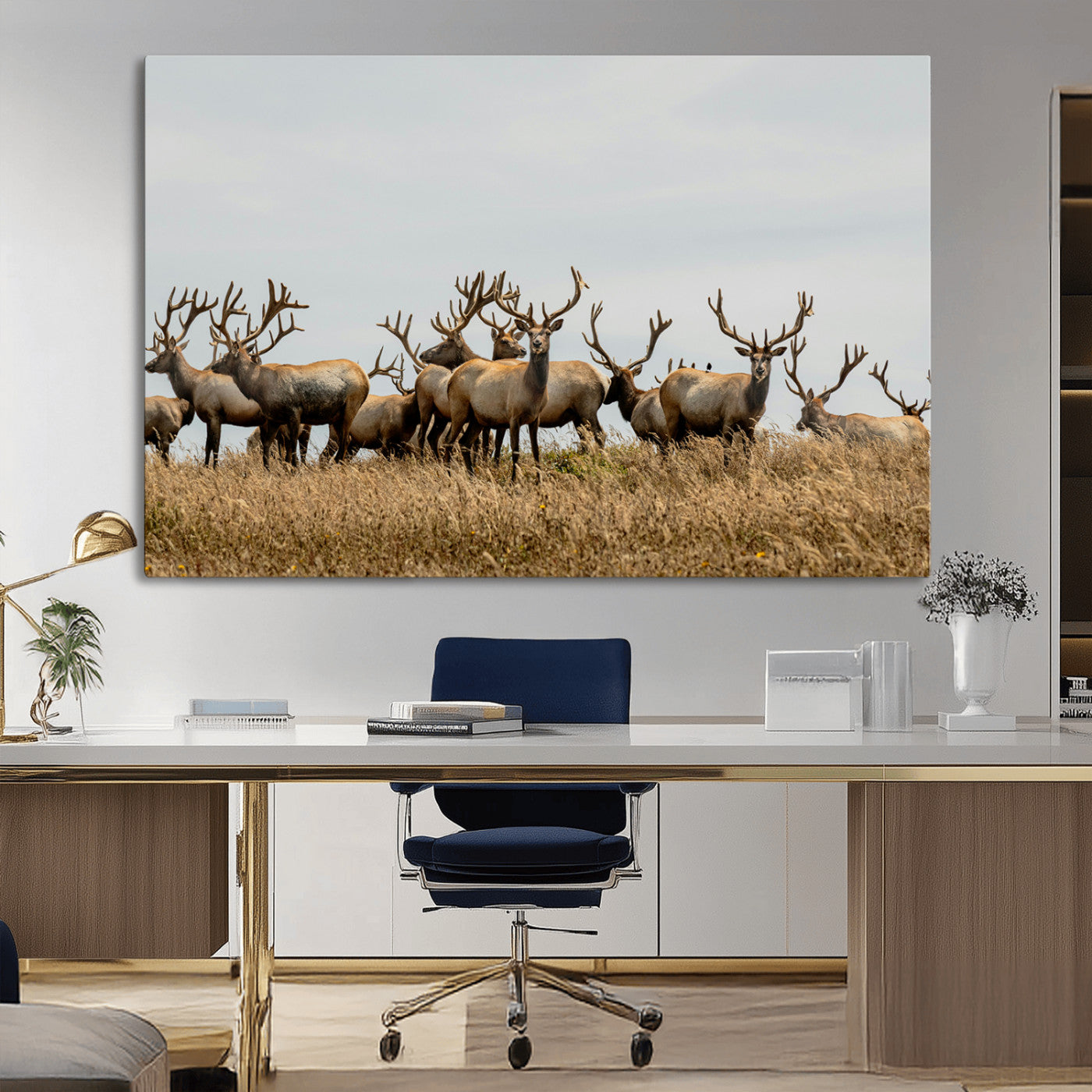 42170220-MGV-CV-36X24-Elk Herd Wall Art Canvas Print – Framed Wildlife Photography Majestic Antlers Nature Scene Artwork for Home Office