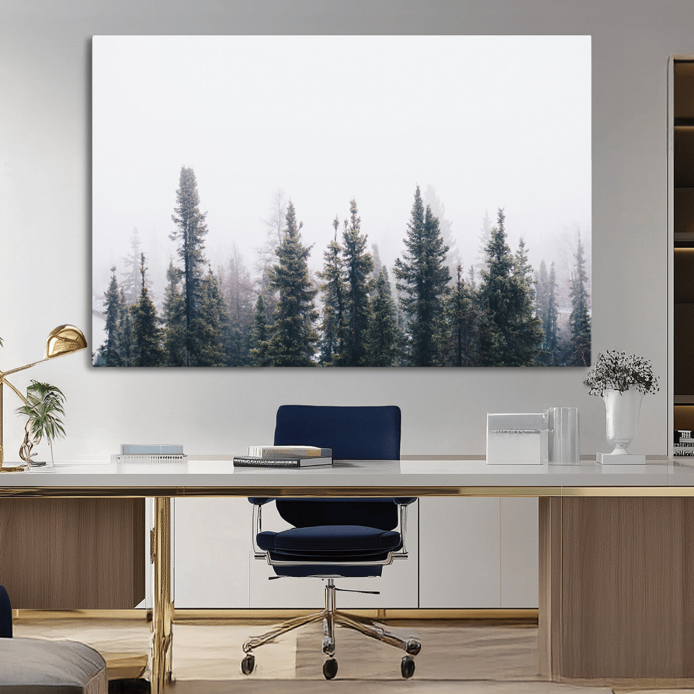 -Foggy Forest Wall Art Canvas Print – Framed Misty Pines Moody Woodland Nature Scene Artwork for Home Office