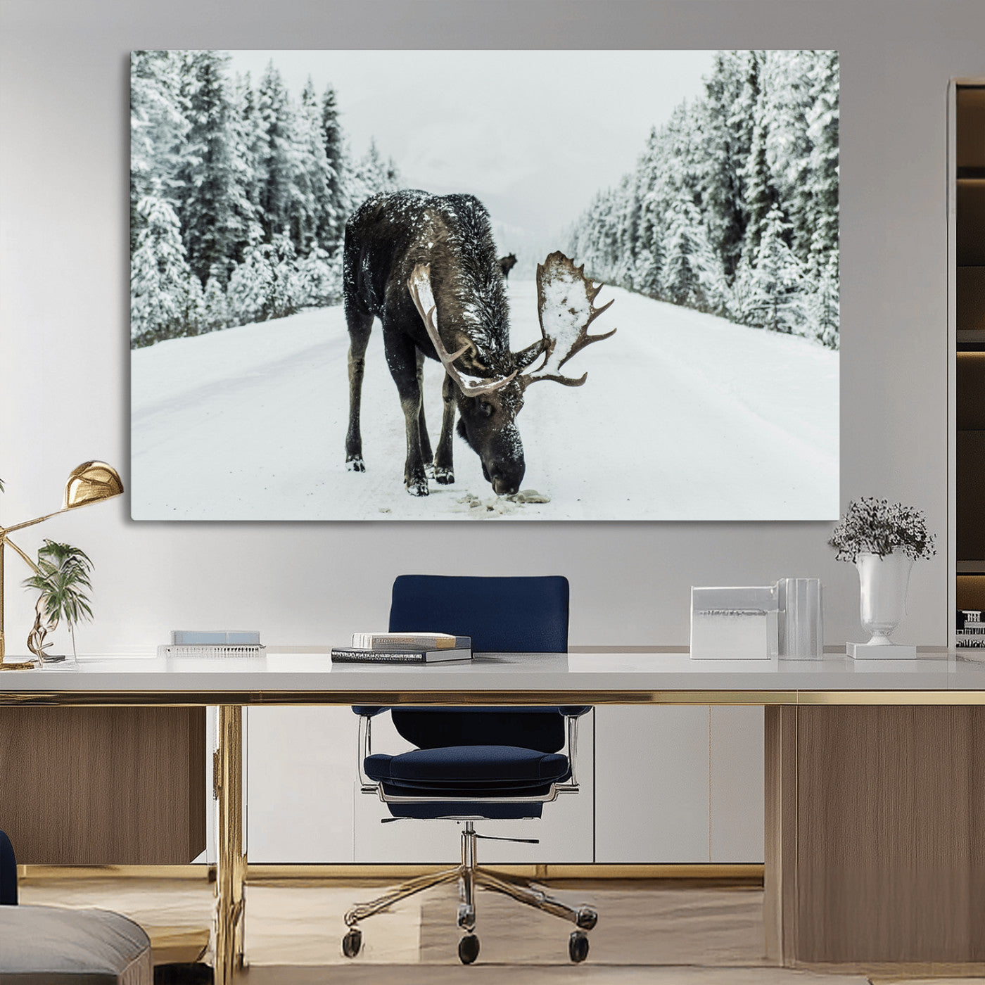 -Moose Snow Wall Art Canvas Print – Framed Winter Wildlife Snowy Forest Nature Scene Artwork for Home, Office, Living Room