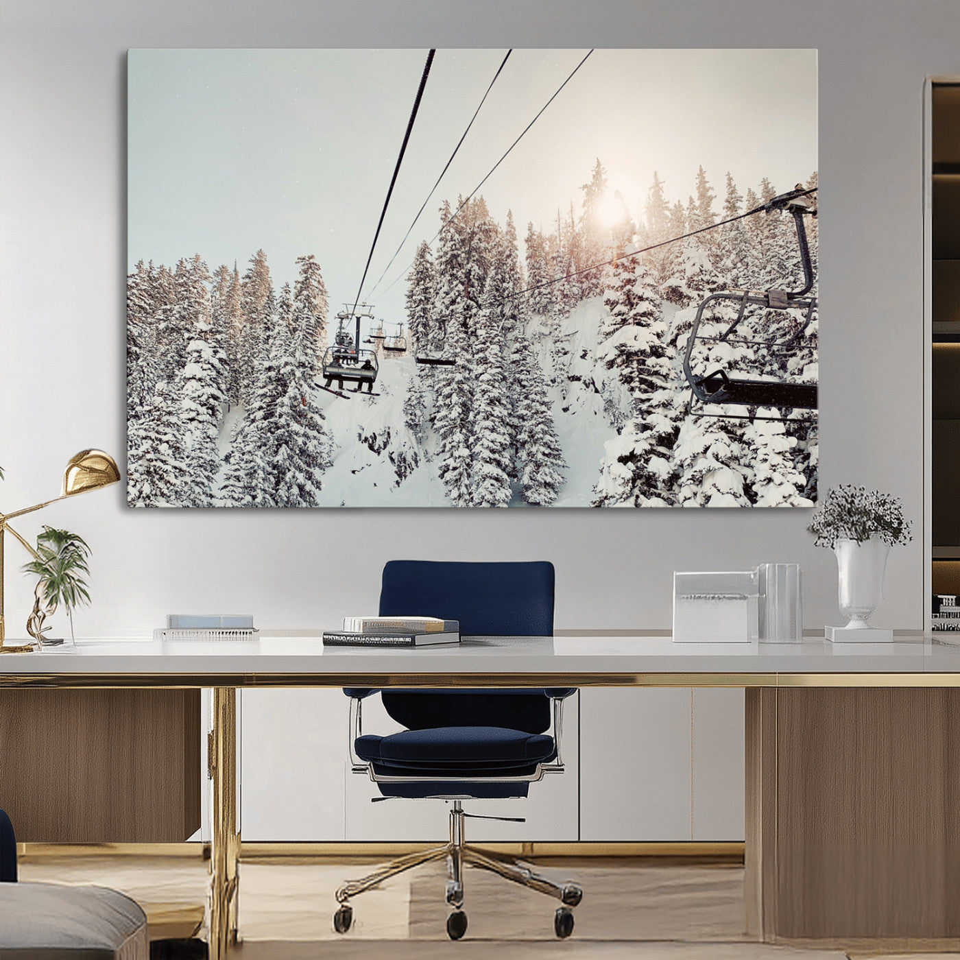 91534512-MGV-CV-36X24-Frosty Pines Wall Art Canvas Print – Framed Cozy Cabin Ski Lift Ride Winter Scene Artwork for Home Office