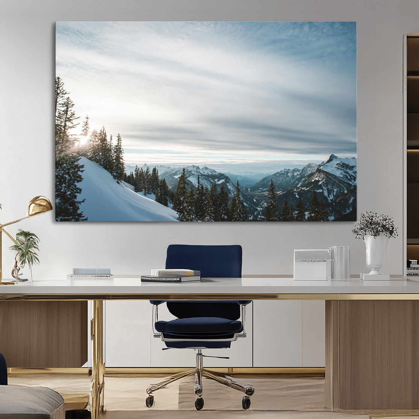 -Snowy Mountains Wall Art Canvas Print, Framed Alpine Landscape Art Picture Print, Frosty Peaks Perfect Nordic Minimalist Decor Artwork