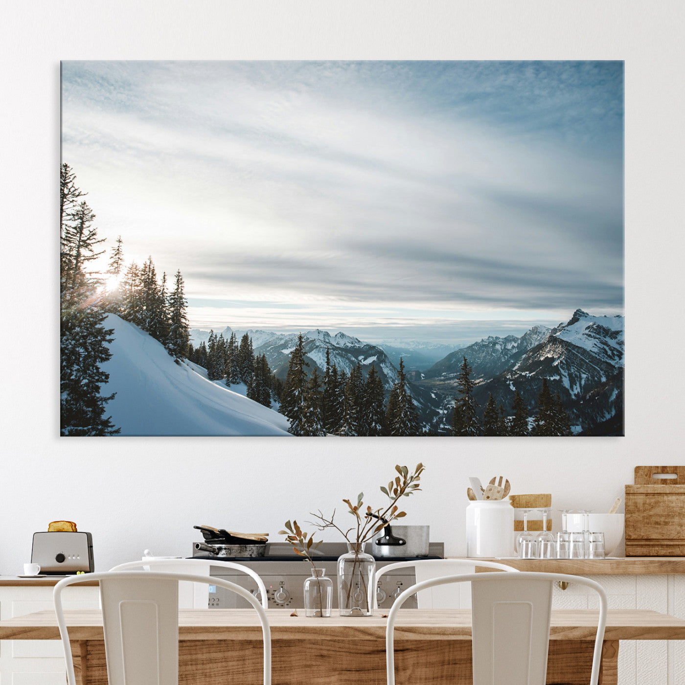 55564749-MGV-CV-36X24-Snowy Mountain Wall Art Canvas Print – Frosty Peaks Alpine Landscape Winter Sky Nature Photography Artwork for Home Office