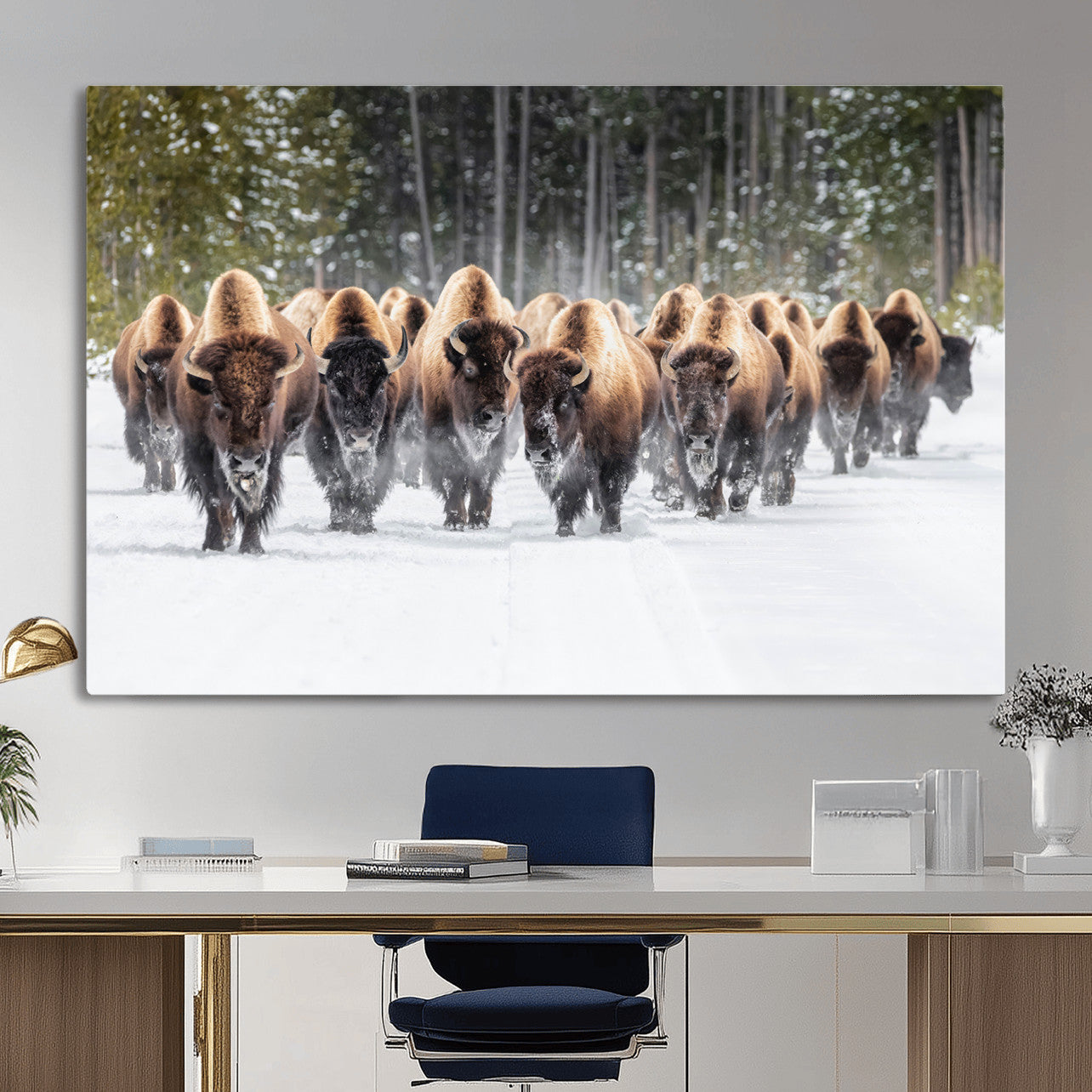 96906195-MGV-CV-36X24 - American Bison Herd Snow Canvas Wall Art – Powerful Winter Wildlife Print of Buffalo Motion, Rustic Lodge or Western Cabin Decor for Living Room, Office
