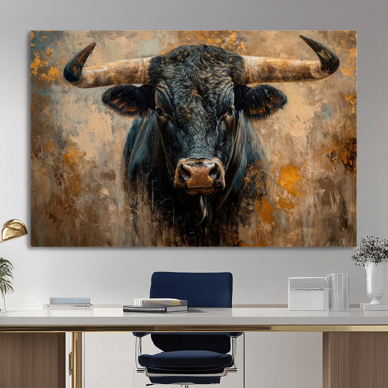 91615410-MGV-CV-36X24 - Abstract Texas Longhorn Bull Wall Art – Rustic Farmhouse Canvas Print, Western Cabin Style Decor, Large Animal Artwork for Living Room or Office