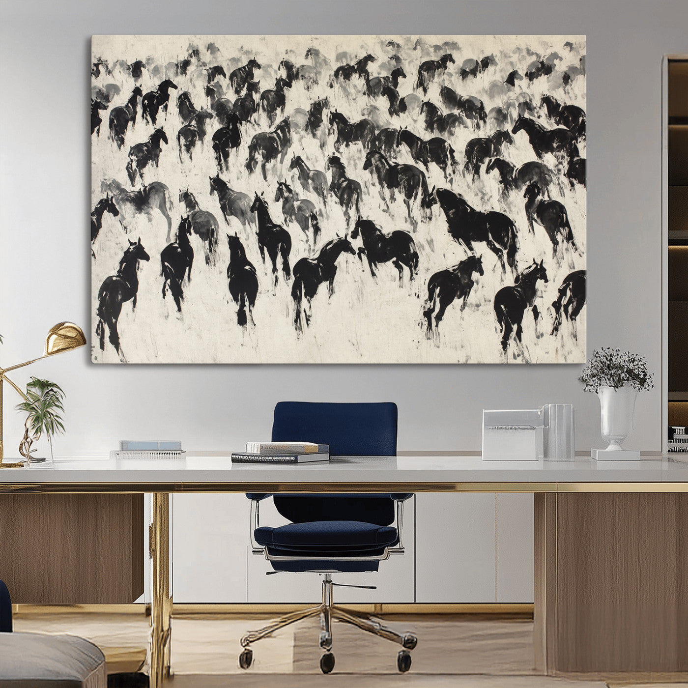 -Wild Horse Stampede Wall Art Canvas Print – Monochrome Running Horses Dynamic Motion Elegant Scene Artwork for Home, Office
