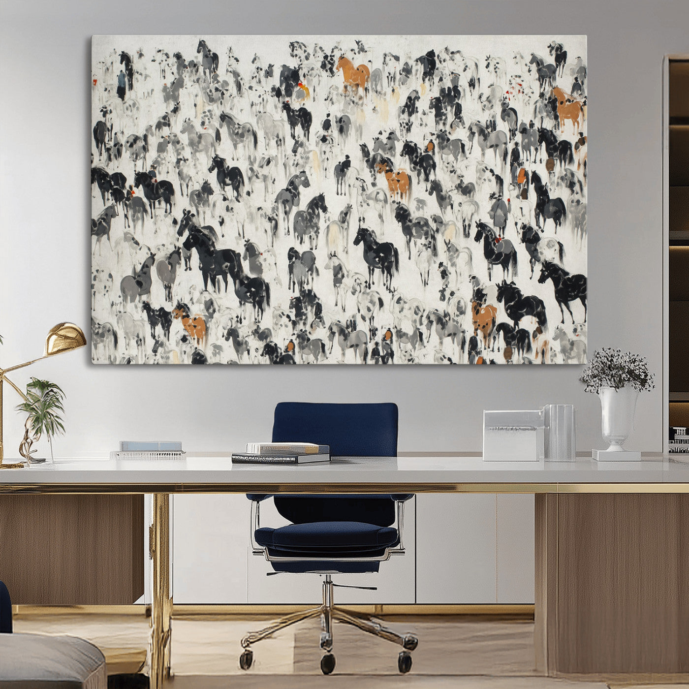 56463722-MGV-CV-36X24-Wild Horse Stampede Wall Art Canvas Print – Monochrome Running Horses Dynamic Motion Elegant Scene Artwork for Home, Office