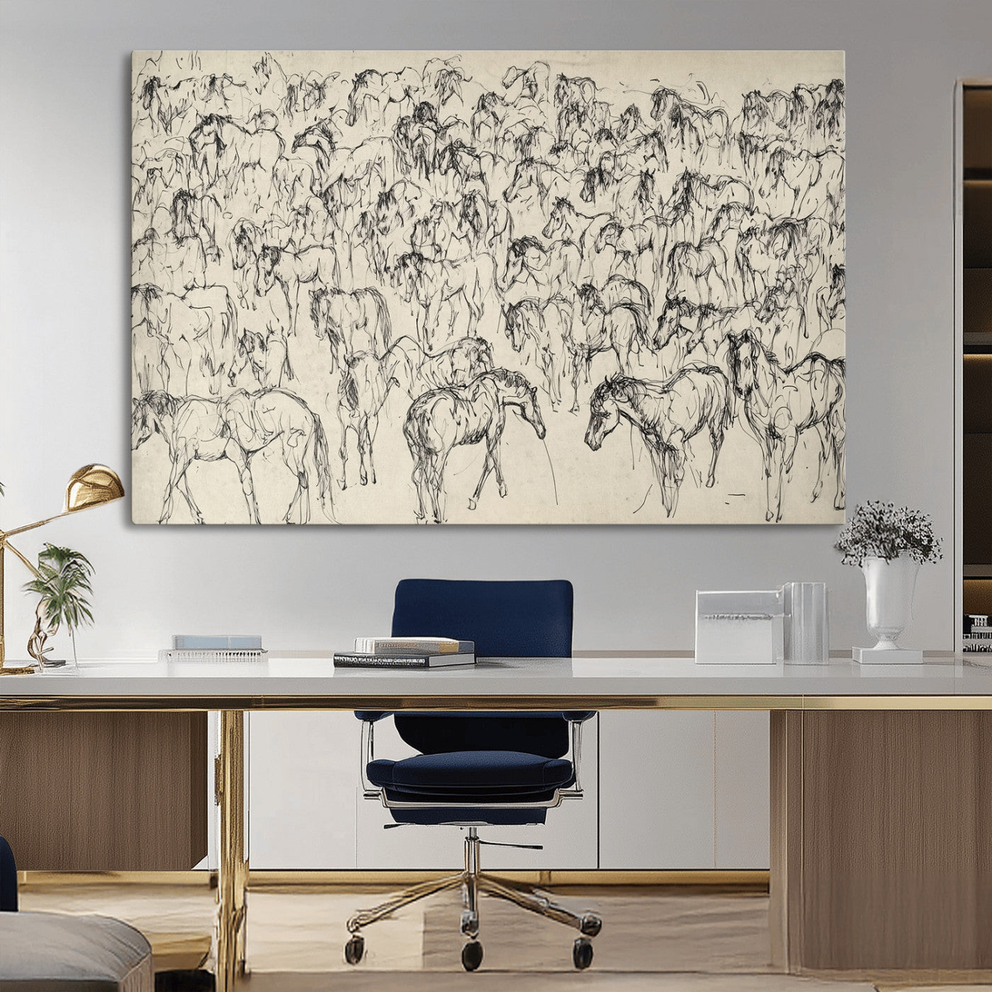 86653927-MGV-CV-36X24-Wild Horse Stampede Wall Art Canvas Print – Monochrome Running Horses Dynamic Motion Elegant Artwork for Home, Office