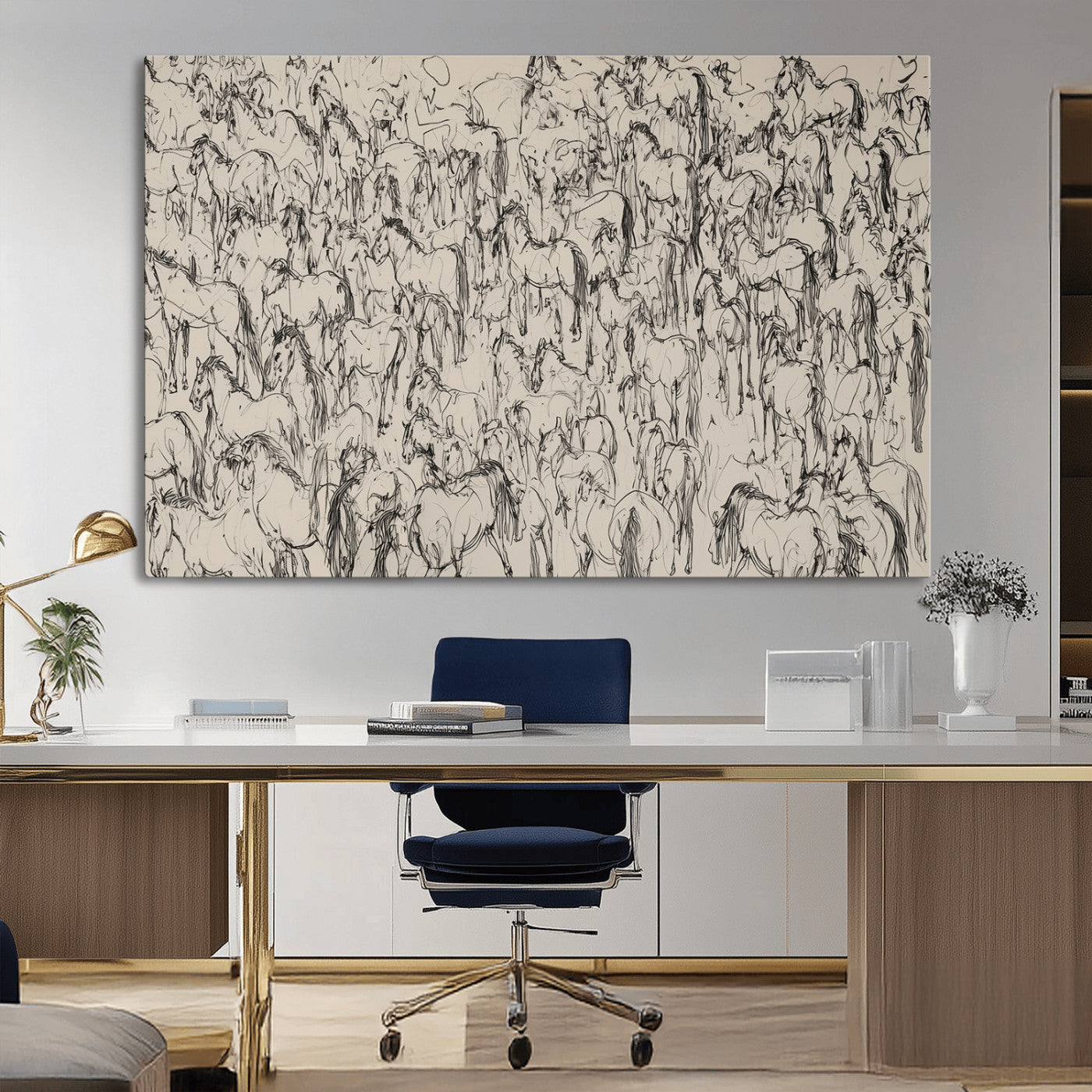 12358908-MGV-CV-36X24-Wild Horse Stampede Wall Art Canvas Print – Monochrome Running Horses Dynamic Motion Elegant Artwork for Home, Office