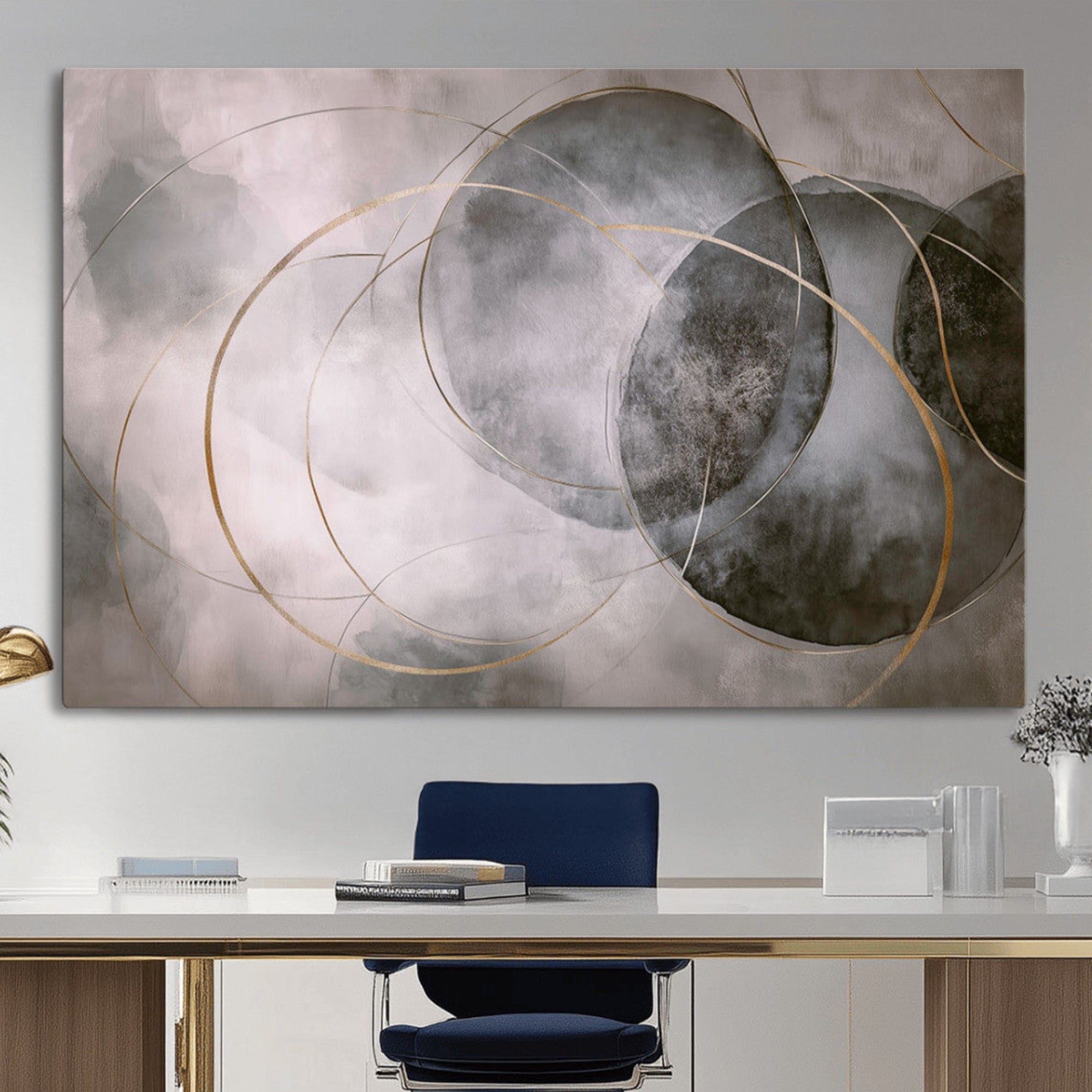 20066876-MGV-CV-36X24-Abstract Grey Gold Circle Wall Art – Modern Geometric Canvas Artwork, Minimal Elegant Design, Luxury Wall Decor for Home, Office
