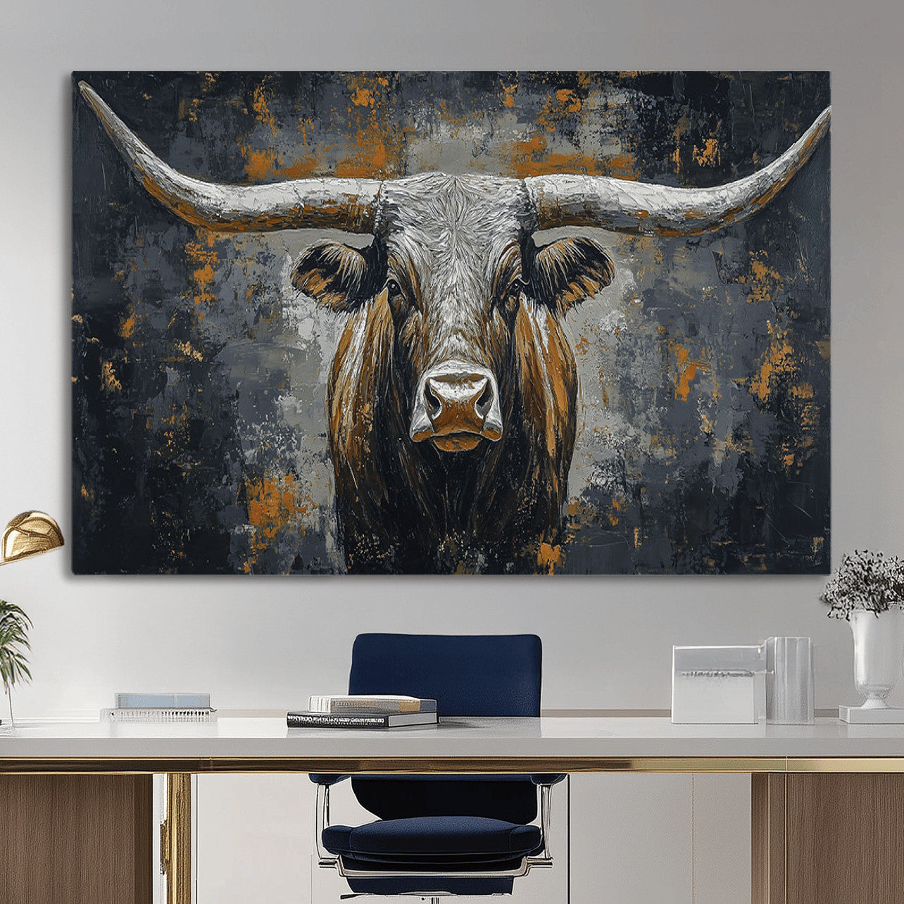 73972561-MGV-CV-36X24 - Bold Bull Wall Art Canvas – Striking Portrait with Wide Horns and Rich Brown Hues, Rustic Farmhouse and Western Decor for Home Room