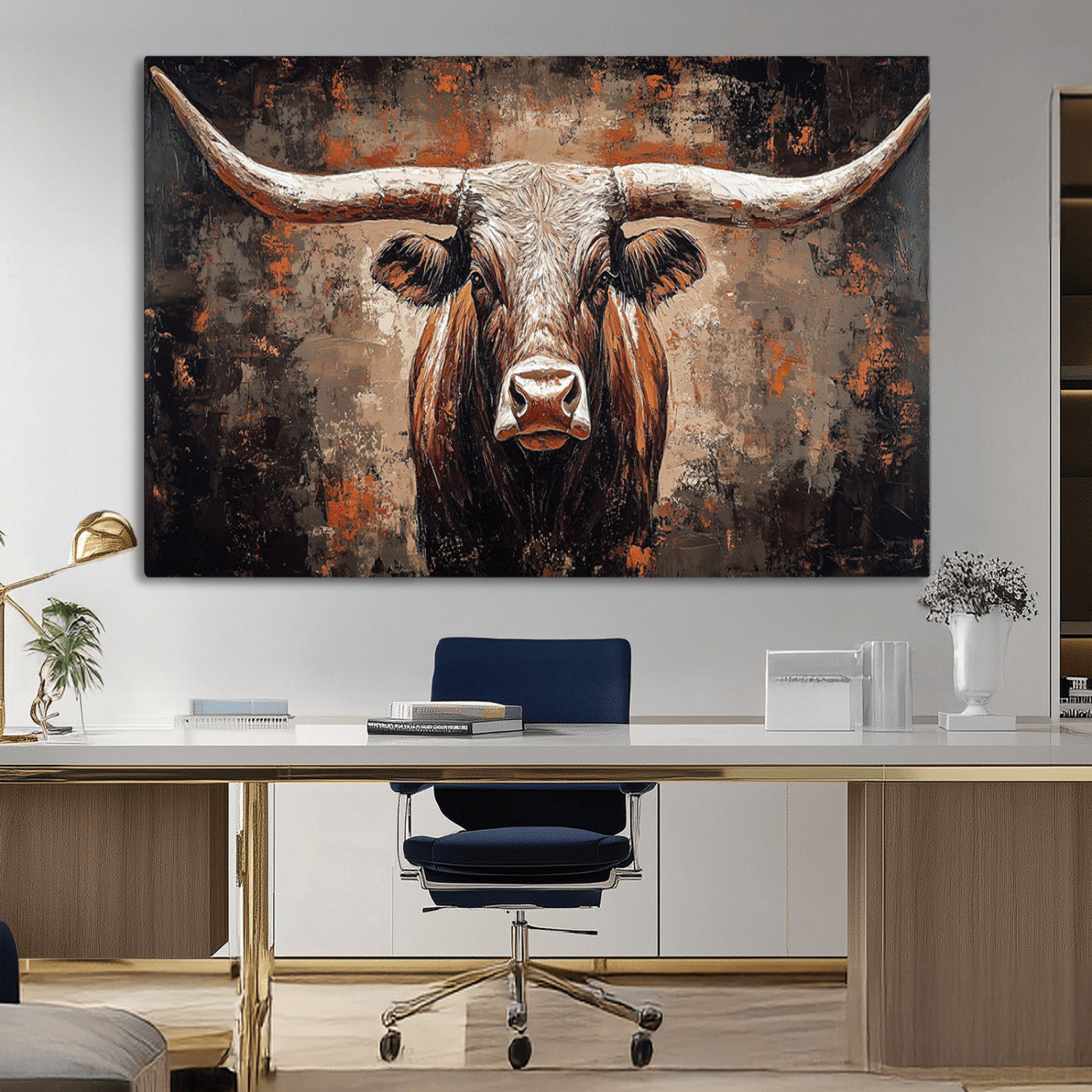 42732393-MGV-CV-36X24-Rustic Longhorn Bull Wall Art Canvas Print – Vintage Western Cattle Scene, Texas Steer Artwork for Home, Office