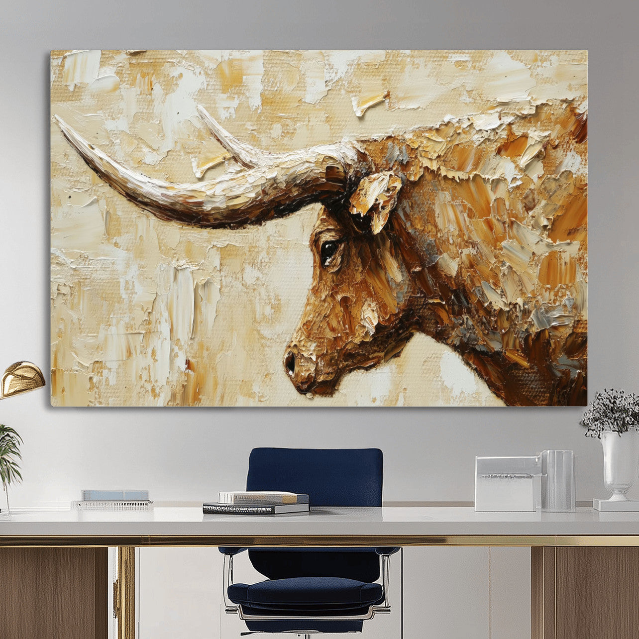 69611428-MGV-CV-36X24 - Rustic Longhorn Bull Wall Art Canvas Print – Vintage Western Cattle Painting, Texas Abstract Wall Cow Prints