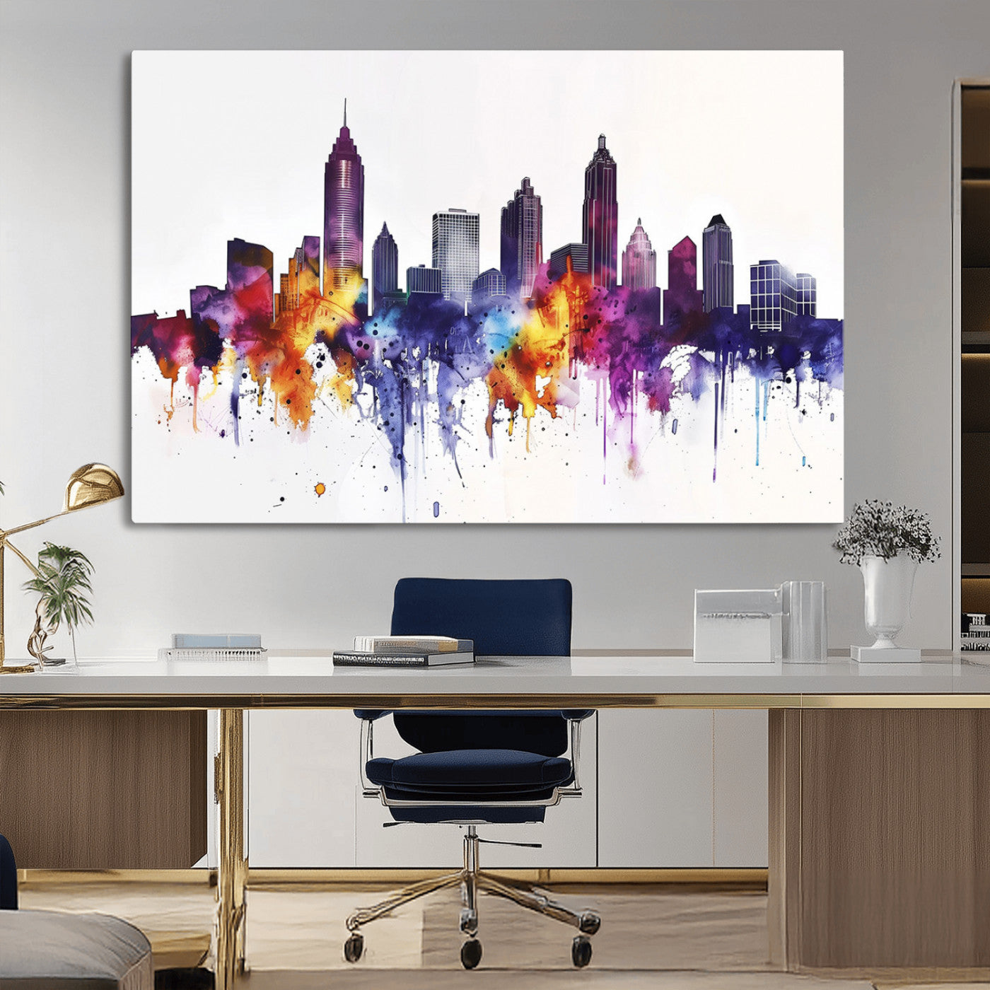 34479880-MGV-CV-36X24-Atlanta Skyline Wall Art Canvas Print – Framed Colorful Watercolor Cityscape Artwork for Home, Office, Living Room