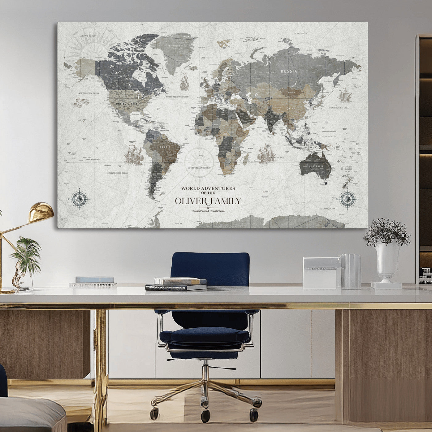 -Personalized Push Pin World Map Canvas – Custom Framed Travel Tracker Wall Art with Pins, for Study, Living Room, or Office