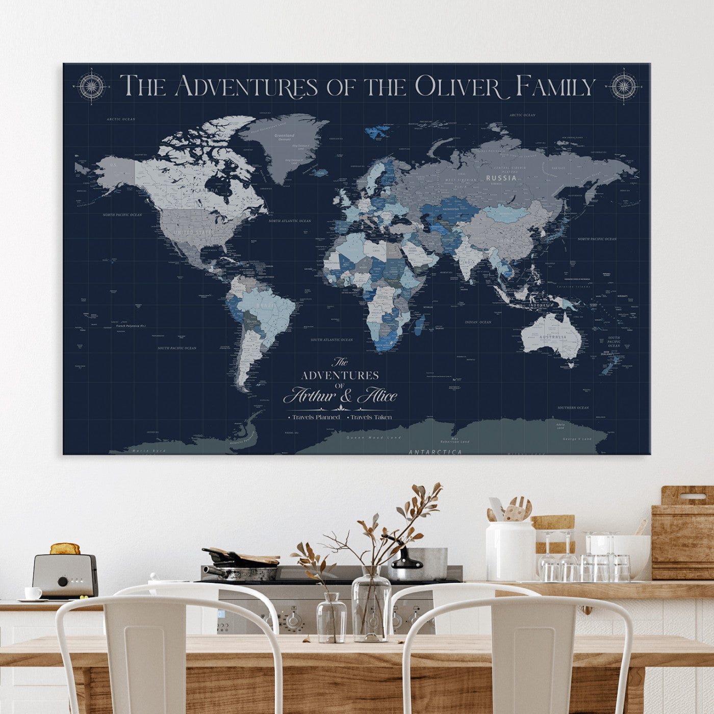 -Personalized Family Adventure World Map – Custom Framed Push Pin Travel Tracker Canvas, Elegant Wall Art for Home, Office