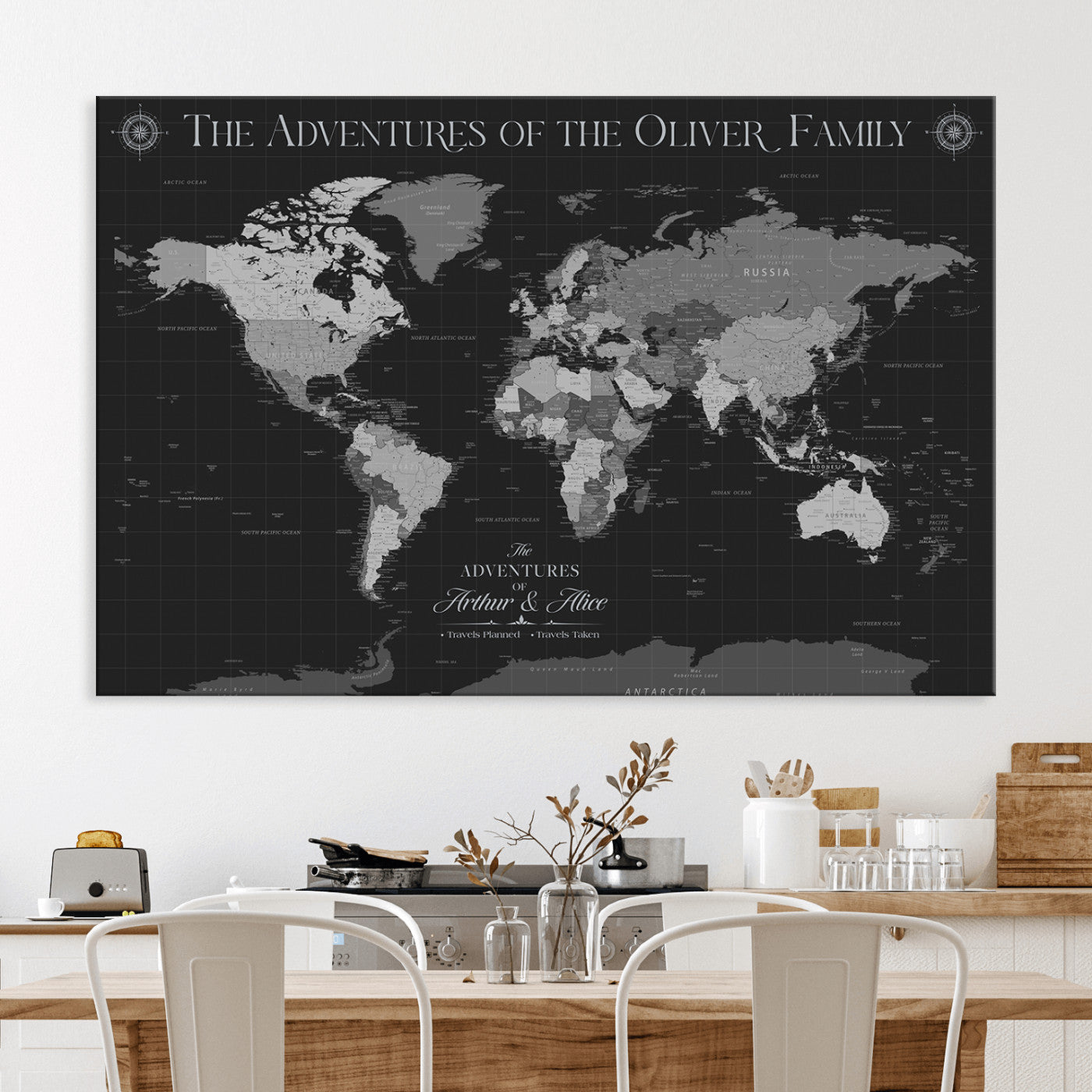 -Personalized Family World Map Canvas – Custom Framed Push Pin Travel Tracker, Modern Adventure Wall Art for Home, Office