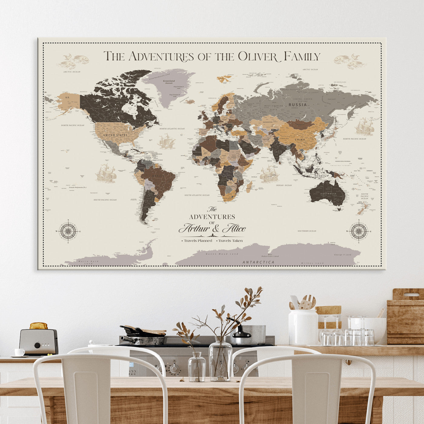 -Personalized Family Adventure World Map Canvas – Custom Framed Push Pin Travel Tracker, Wall Art Gift for Home, Office