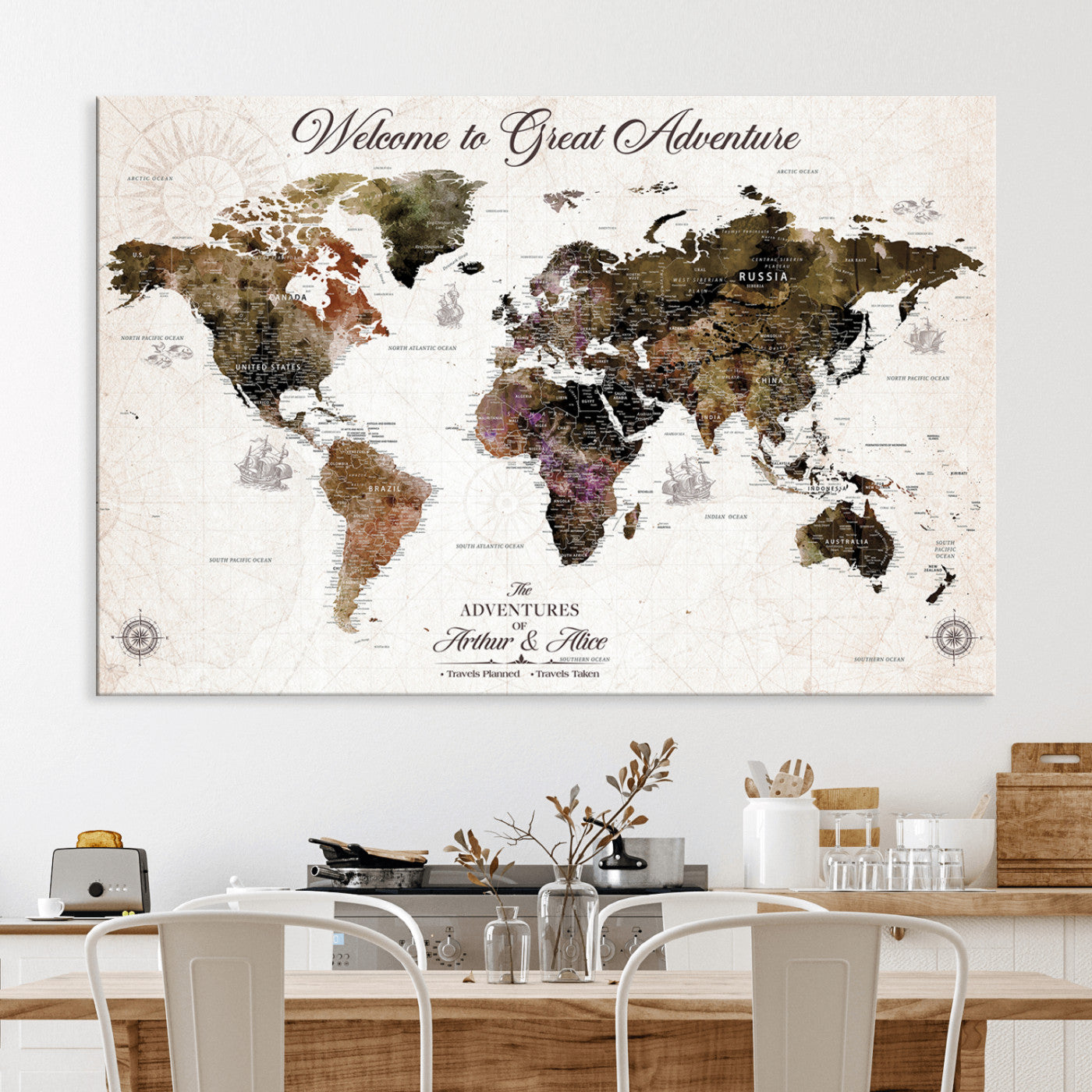-Personalized World Map Canvas Custom Framed Push Pin Travel Tracker Vintage Adventure Wall Art Gift Couples Travelers Home, Office