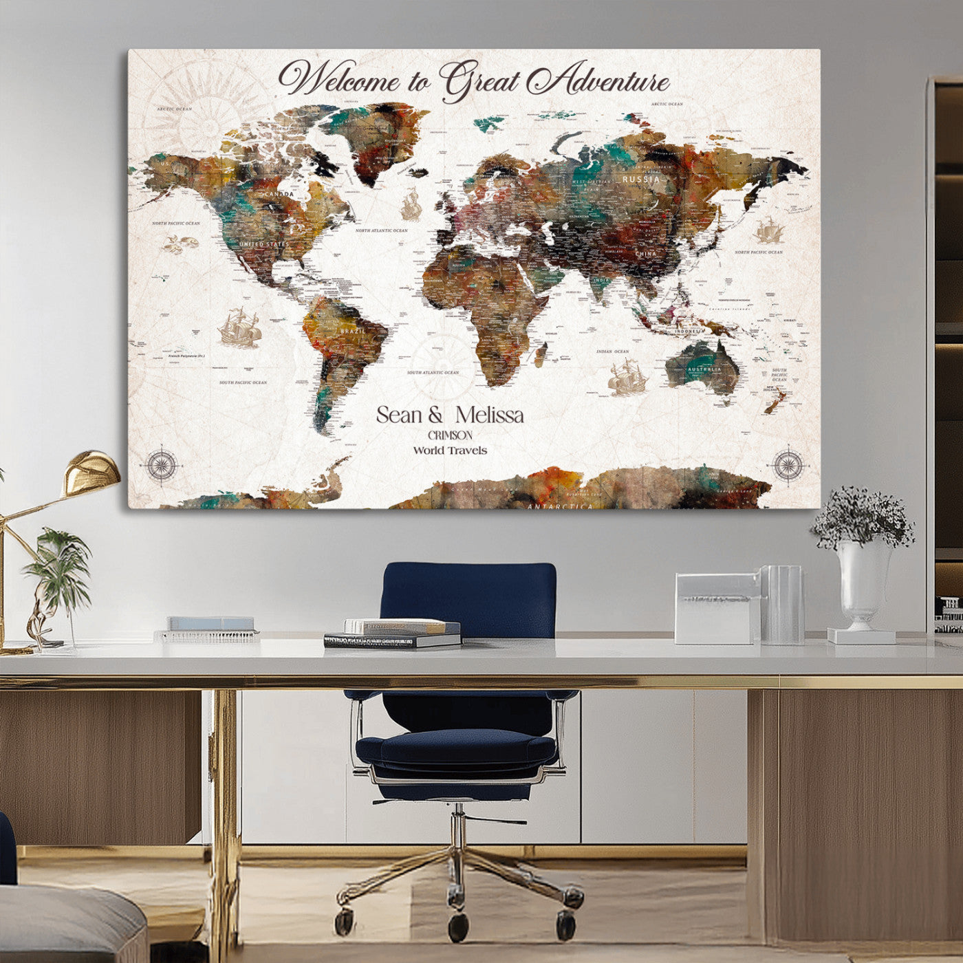 -Personalized World Map Canvas Custom Framed Push Pin Travel Tracker Vintage Adventure Wall Art Gift Couples Travelers Home, Office