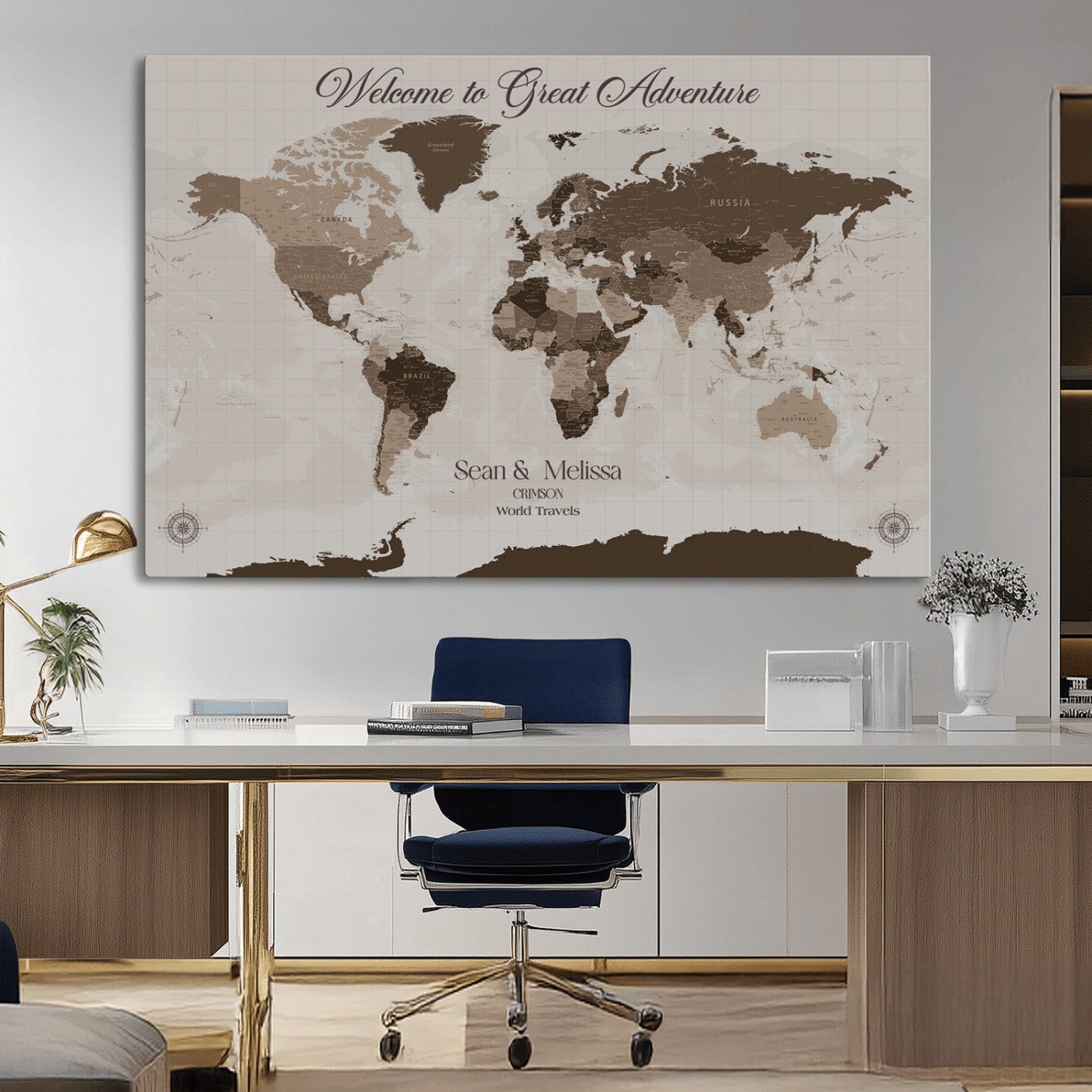 Rehber01-MGV-CV-36X24-Custom Push Pin World Map Wall Art Canvas Print – Personalized Travel Tracker with Pins Framed Large for home, office