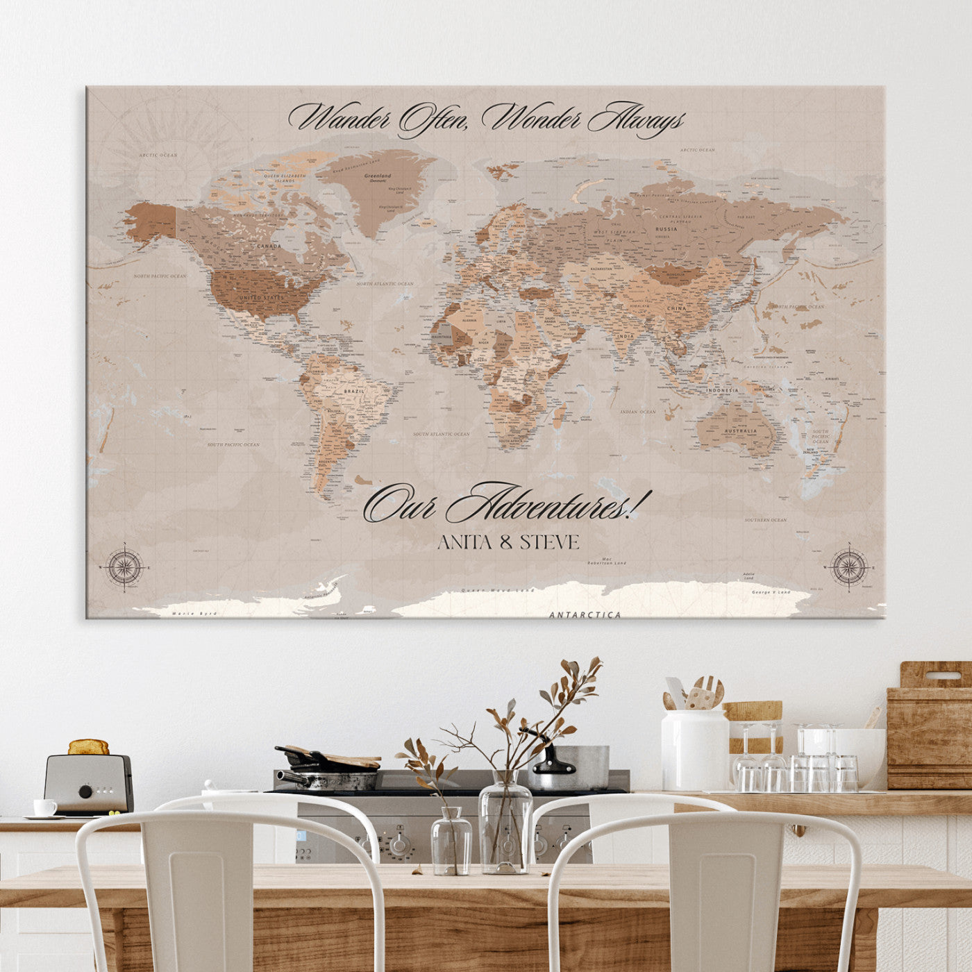 -Personalized World Map Canvas Custom Framed Push Pin Travel Tracker Elegant Neutral Wall Art Gift Couples Travelers for Home, Office