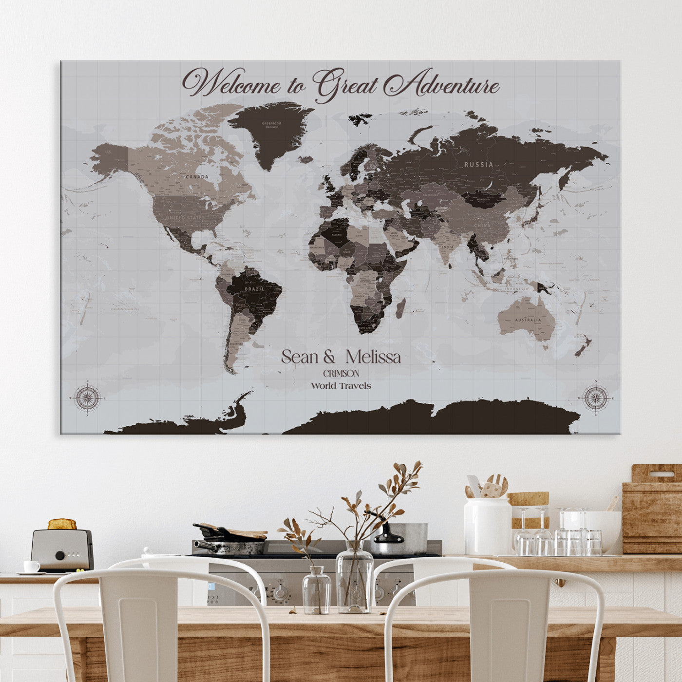 -Personalized Gray Brown World Map Canvas Custom Framed Push Pin Travel Tracker Modern Neutral Wall Art Gift Couples for Home, Office