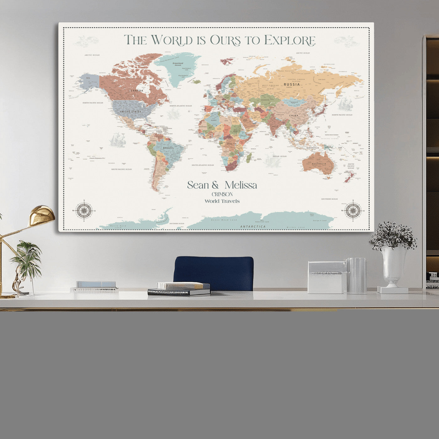 Rehber01-MGV-CV-36X24-Custom Push Pin World Map Wall Art Canvas Print – Personalized Travel Tracker with Pins Framed Large for home, office