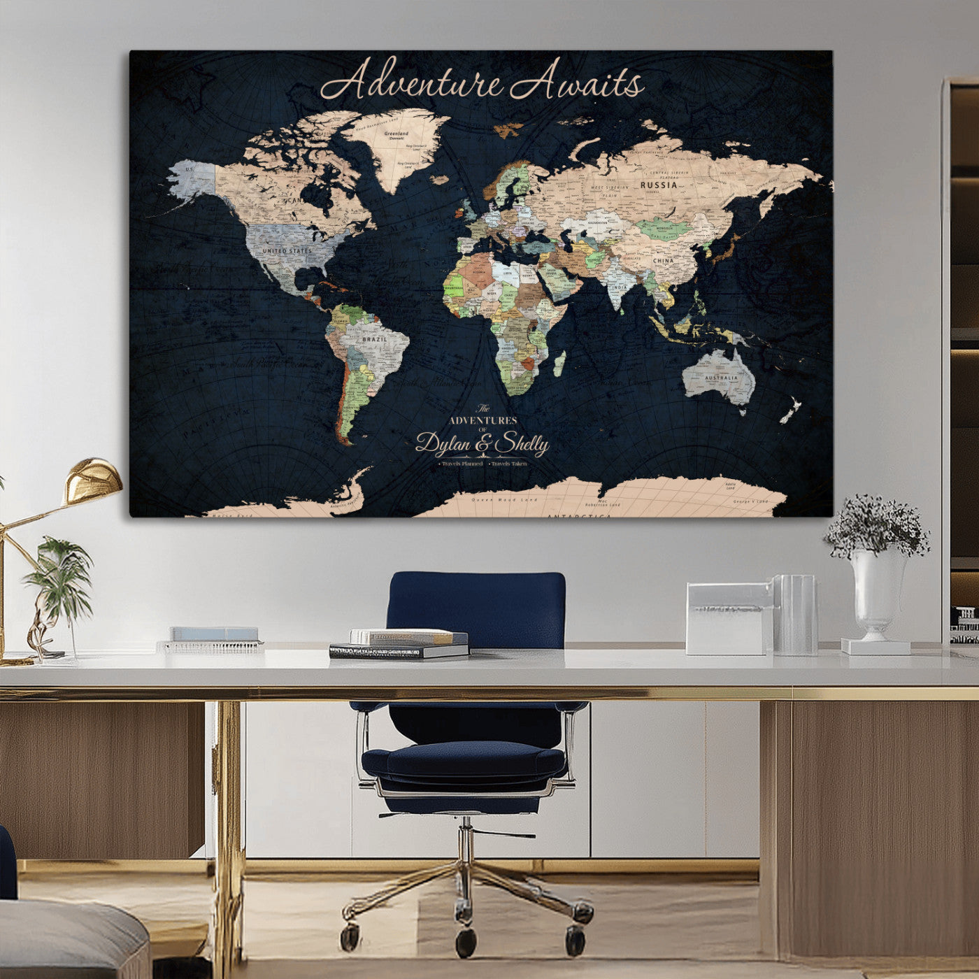 Rehber01-MGV-CV-36X24-Personalized World Map Canvas Print – Framed Push Pin Travel Wall Art for Couples – Adventure & Anniversary Gift