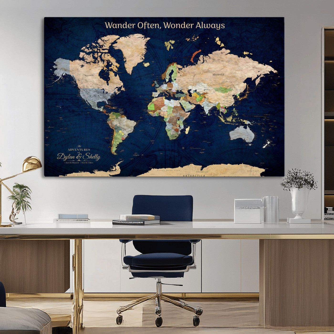 Rehber01-MGV-CV-36X24-Personalized World Map Canvas – Custom Framed Push Pin Travel Map Wall Art, Navy Blue Vintage Gift for Couples and Adventurers