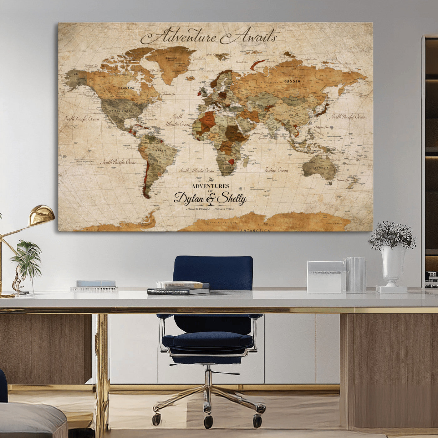 Rehber01-MGV-CV-36X24-Personalized Push Pin World Map Canvas Print – Custom Adventure Travel Map, Framed Wall Art Gift for Couples or Family