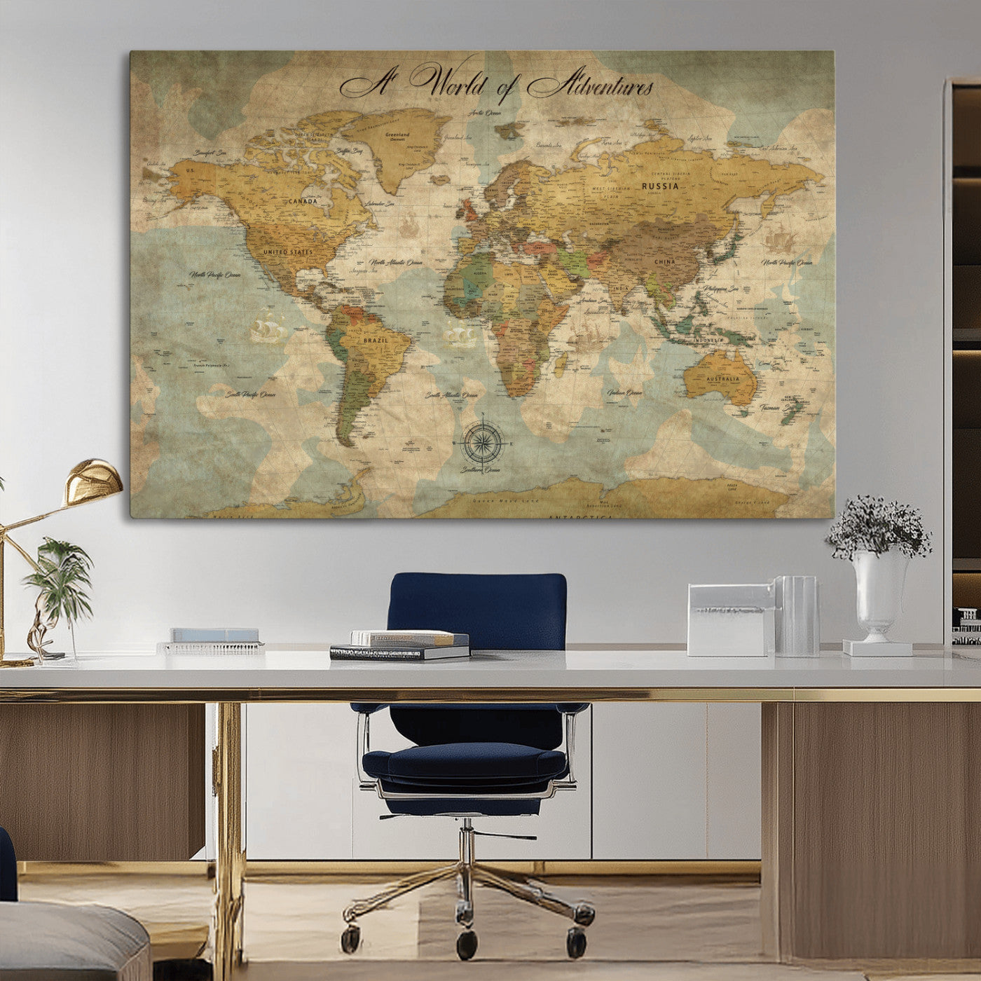 Rehber01-MGV-CV-36X24-Personalized World Map Canvas – Custom Framed Push Pin Travel Map Wall Art, Vintage Style Gift for Couples or Families