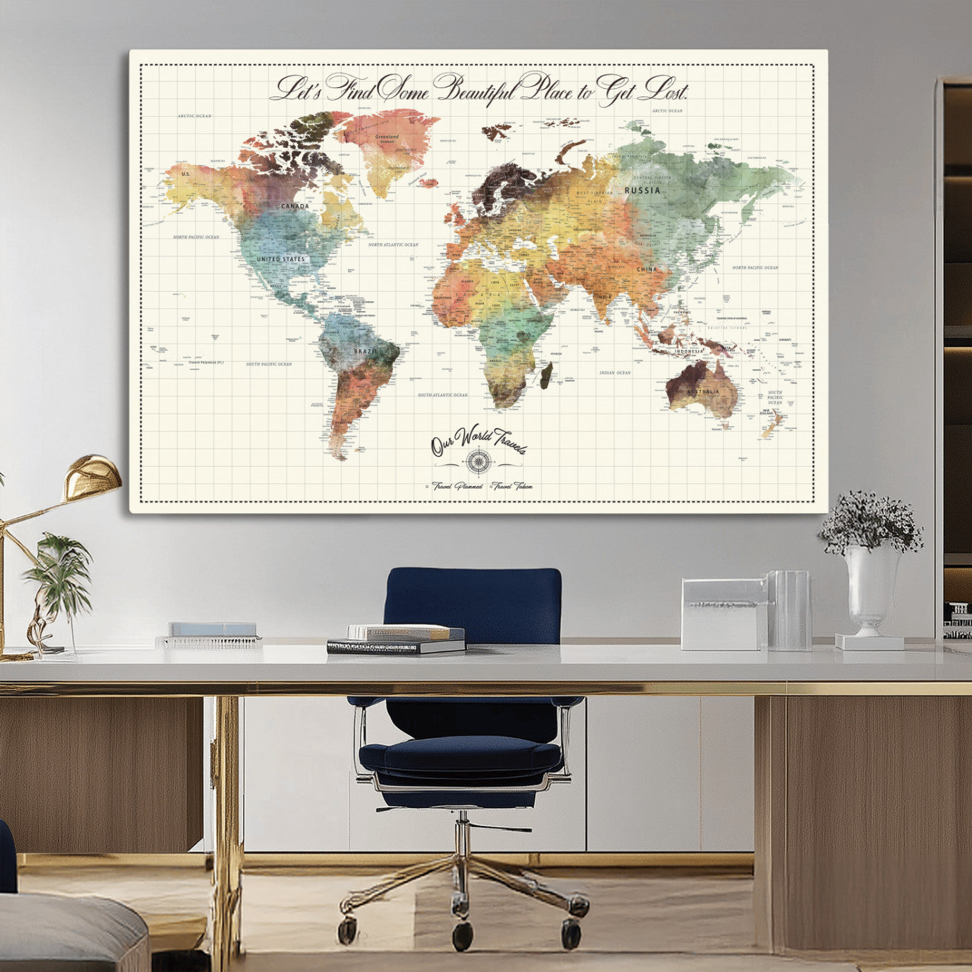 -Personalized Push Pin World Map Canvas Print – Custom Adventure Travel Tracker Map, Framed Wall Art Gift for Couples or Family