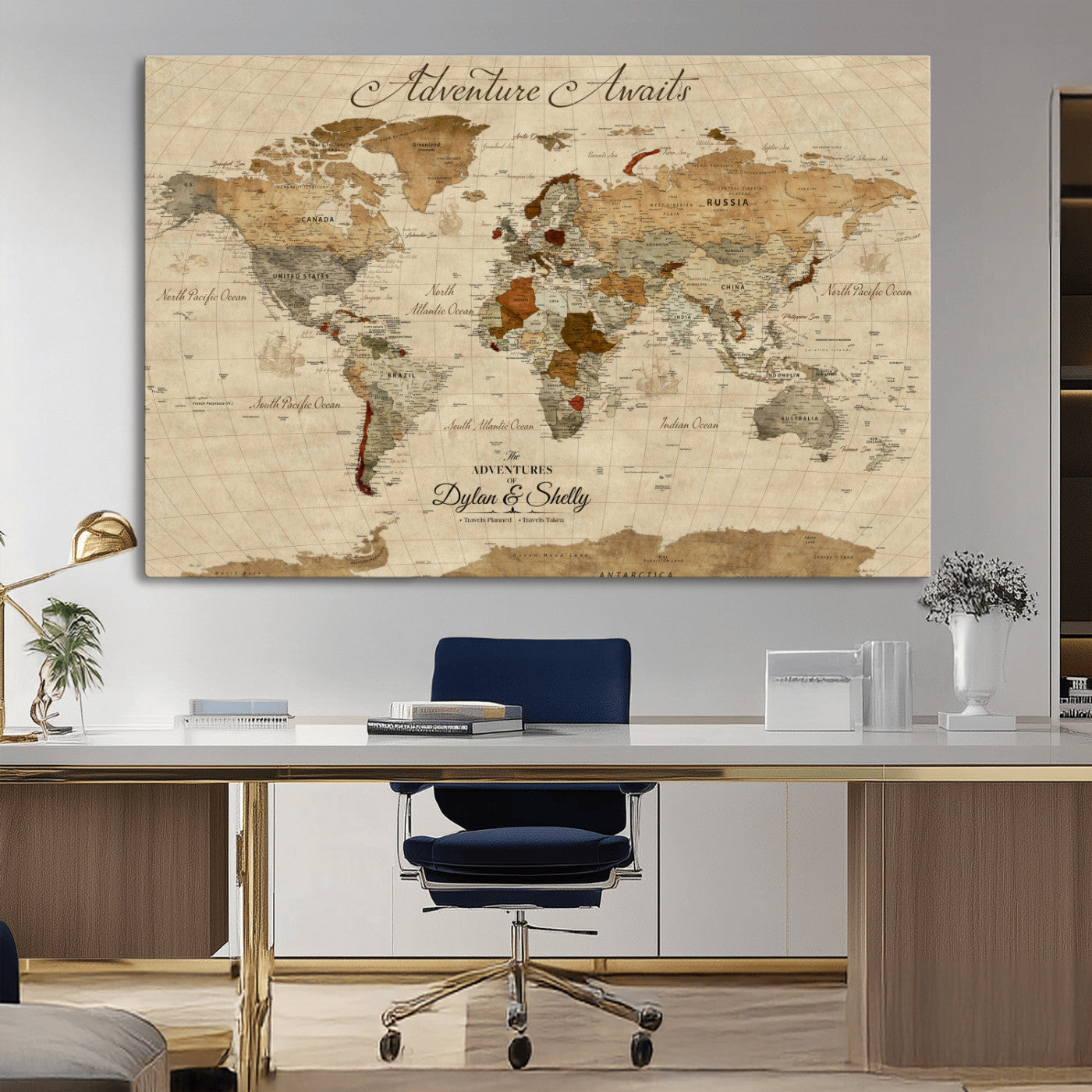 Rehber01-MGV-CV-36X24-Personalized World Map Canvas – Custom Framed Push Pin Travel Map Wall Art with Names, Vintage Style Gift for Couples