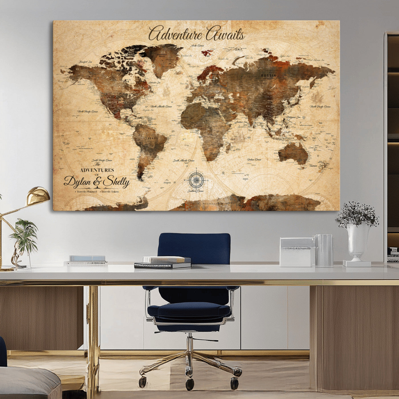 Rehber01-MGV-CV-36X24-Personalized World Map Canvas Wall Art – Custom Framed Push Pin Travel Tracker Print, Unique Gift for Home or Office Decor