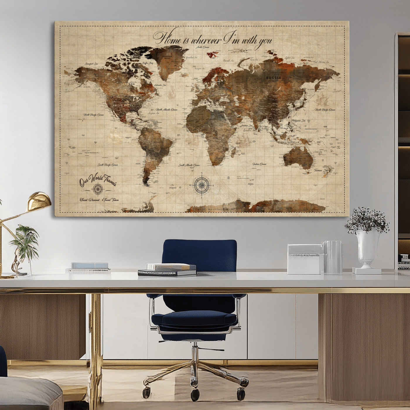 96762438-MGV-CV-36X24-Personalized World Map Print, Customizable Push Pin Framed World Map Print on Canvas - Custom Quote on Map Print
