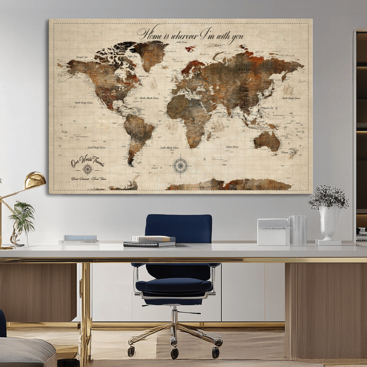 Rehber01-MGV-CV-36X24-Personalized World Map Canvas Wall Art – Custom Framed Push Pin Travel Tracker Print, Unique Gift for Home or Office Decor