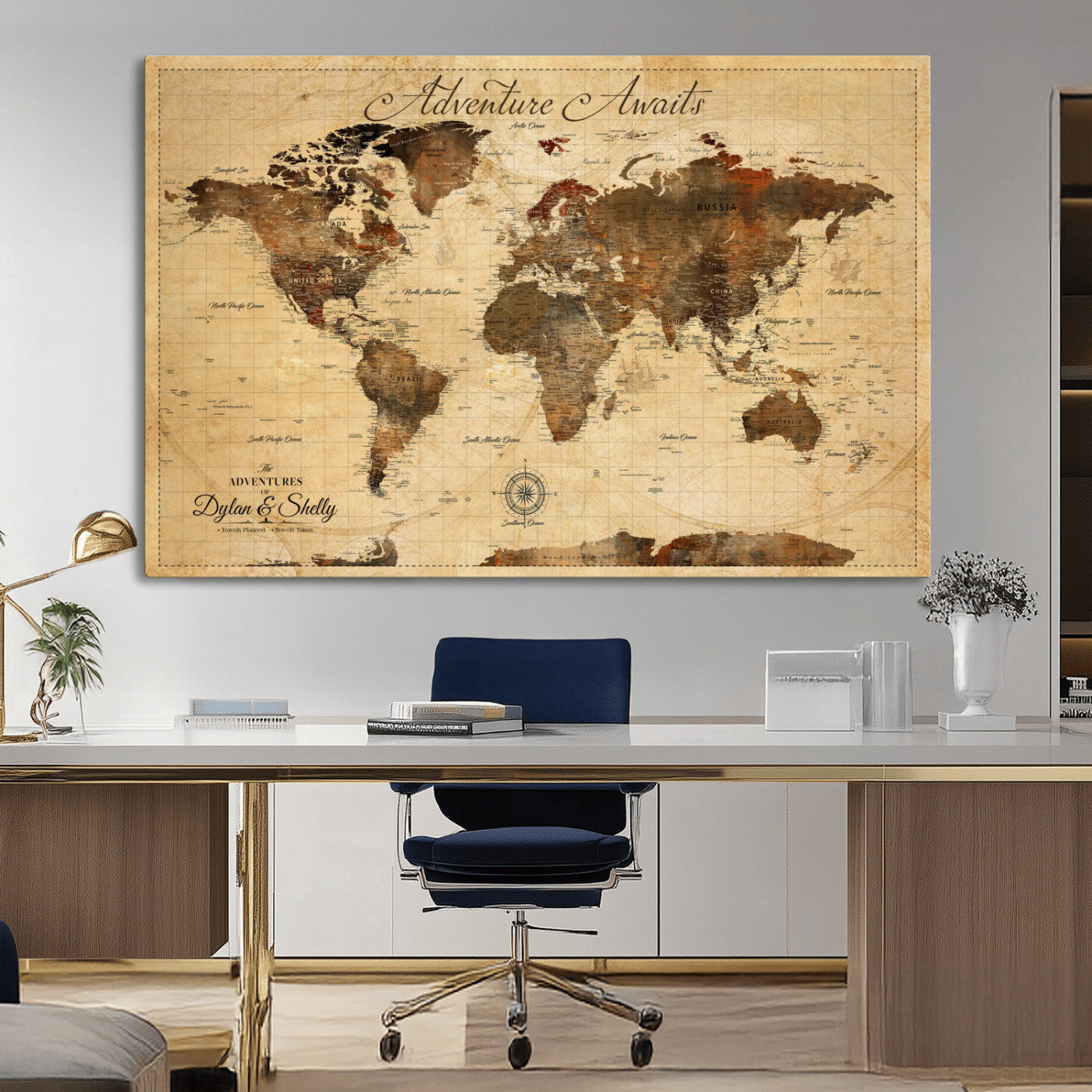 Rehber01-MGV-CV-36X24-Personalized World Map Canvas Wall Art – Custom Framed Push Pin Travel Tracker Print, Unique Gift for Home or Office Decor