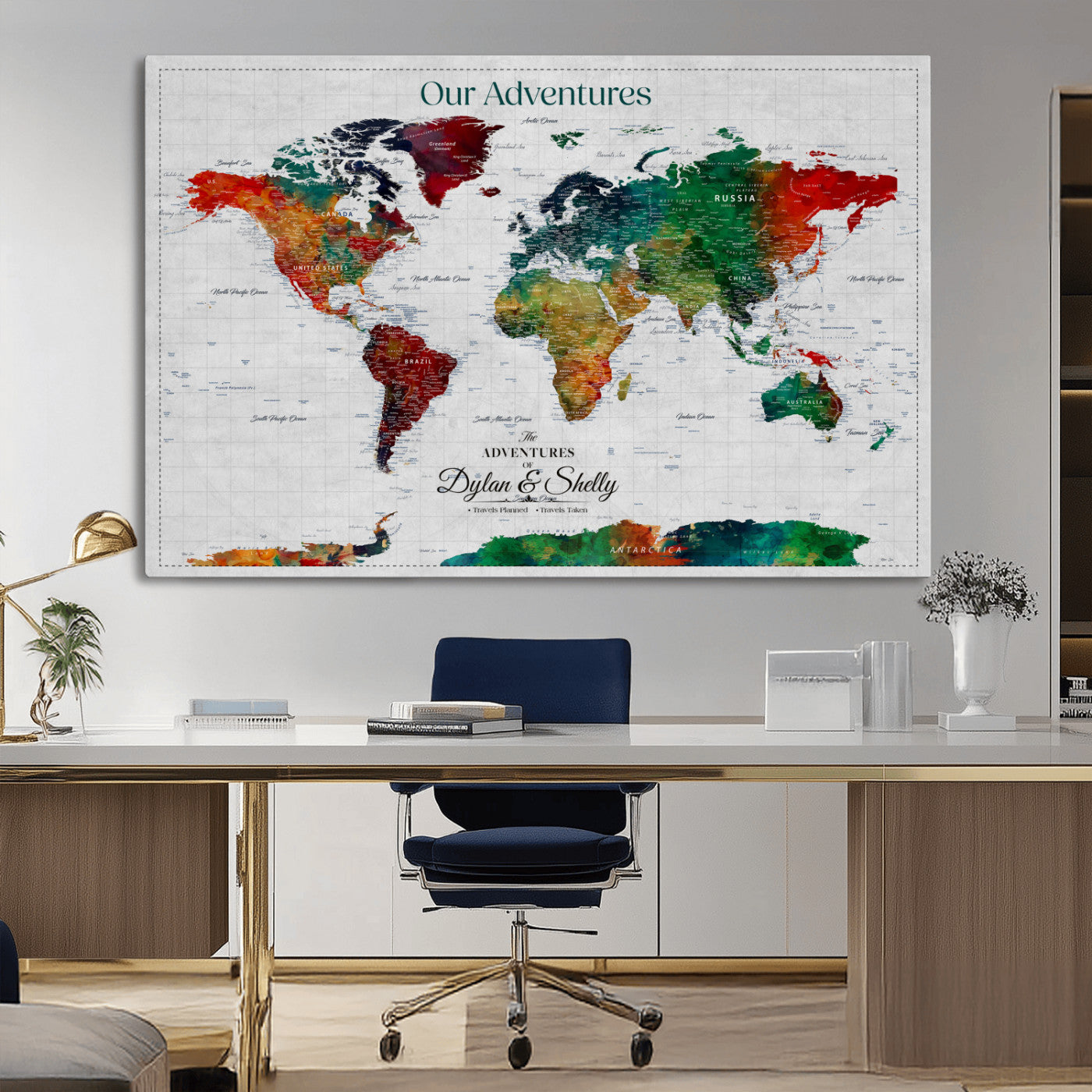 Rehber01-MGV-CV-36X24-Personalized World Map Canvas Wall Art – Custom Framed Push Pin Travel Tracker Print, Unique Gift for Home or Office Decor