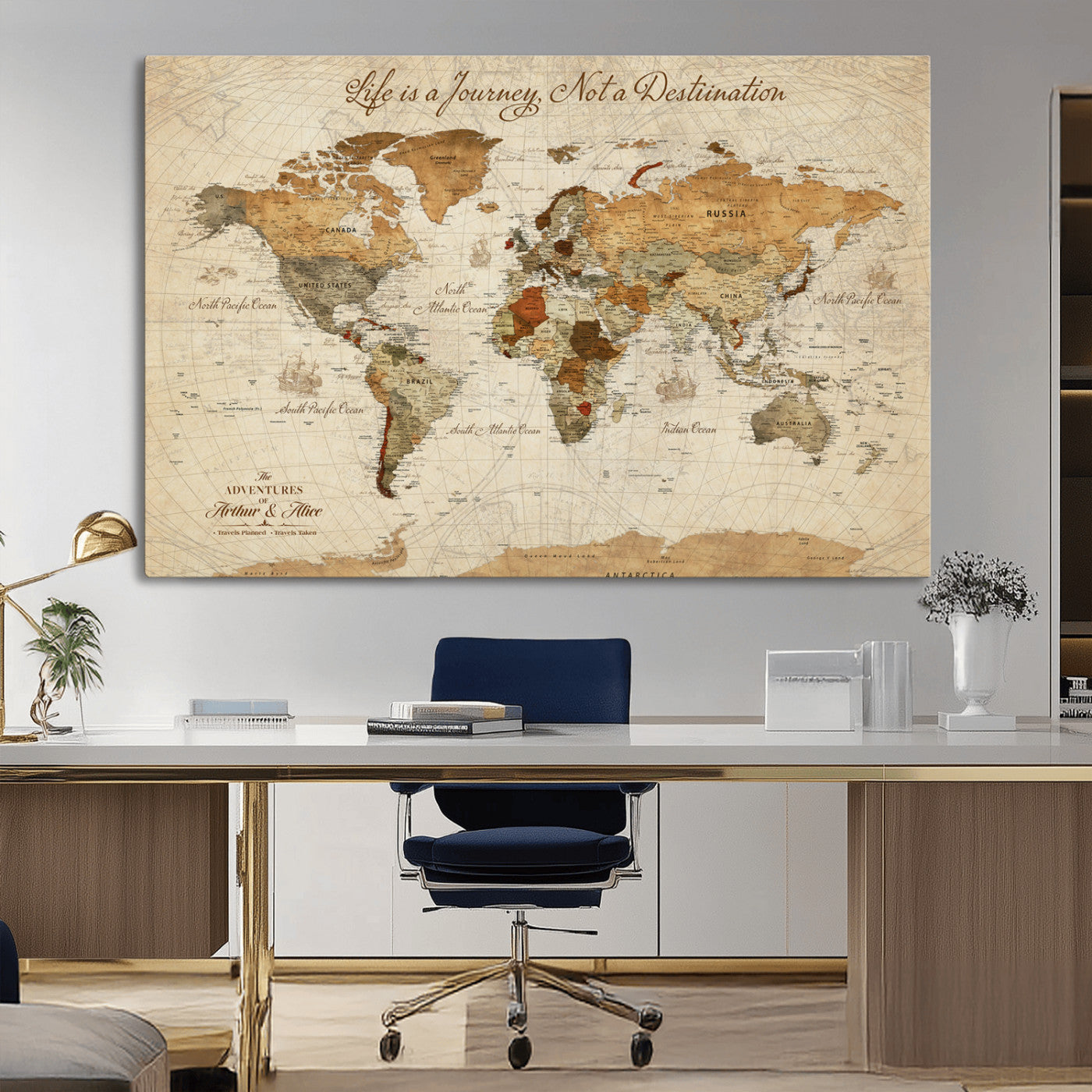 Rehber01-MGV-CV-36X24-Personalized Framed World Map Wall Art Canvas Print – Custom Push Pin Travel Tracker Handcrafted USA for Home Office