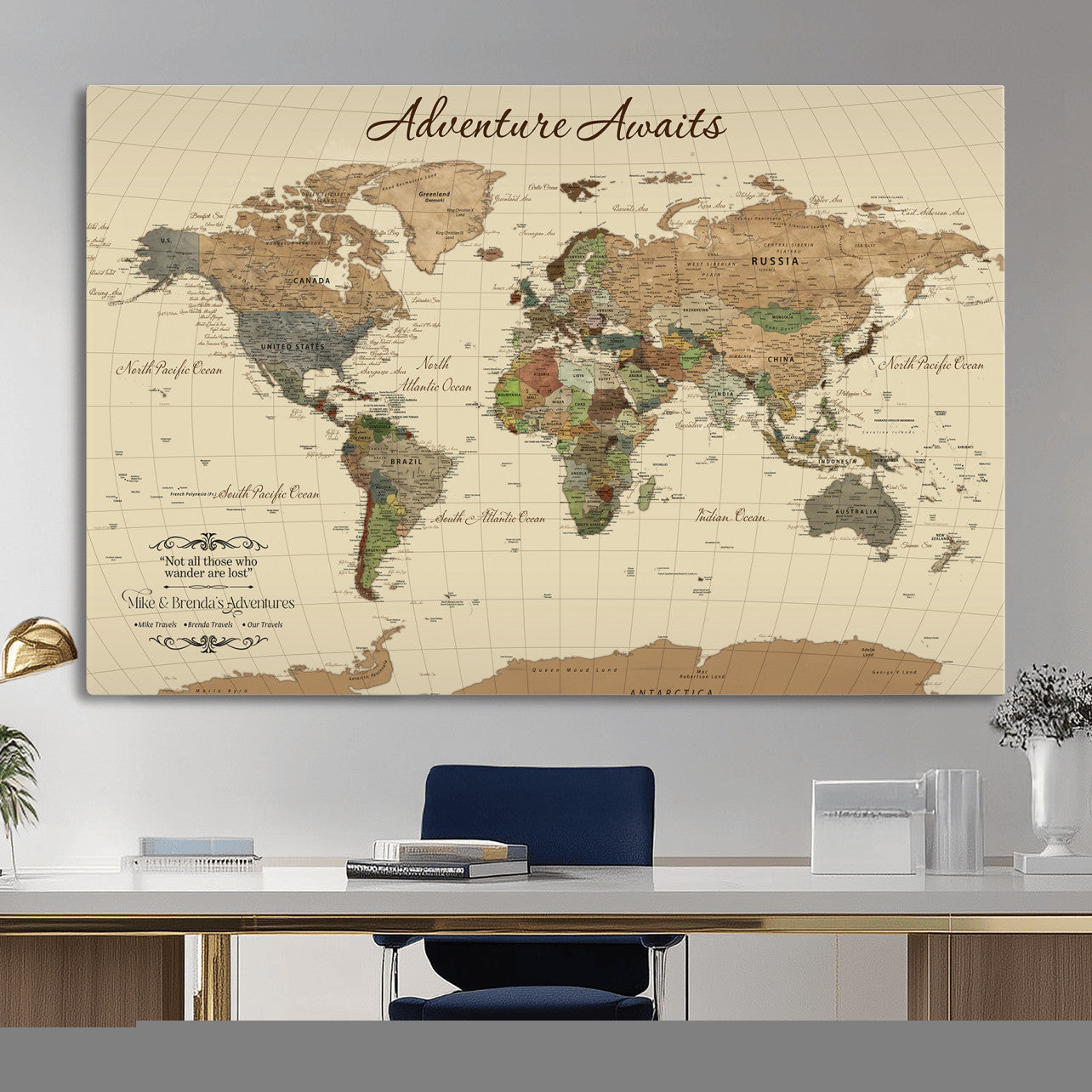 31875069-MGV-CV-36X24 - Customizable Push Pin World Map Wall Canvas Print – Personalize Travel Tracker with Pins – Framed Custom Quotie Canvas for Home Office Decor