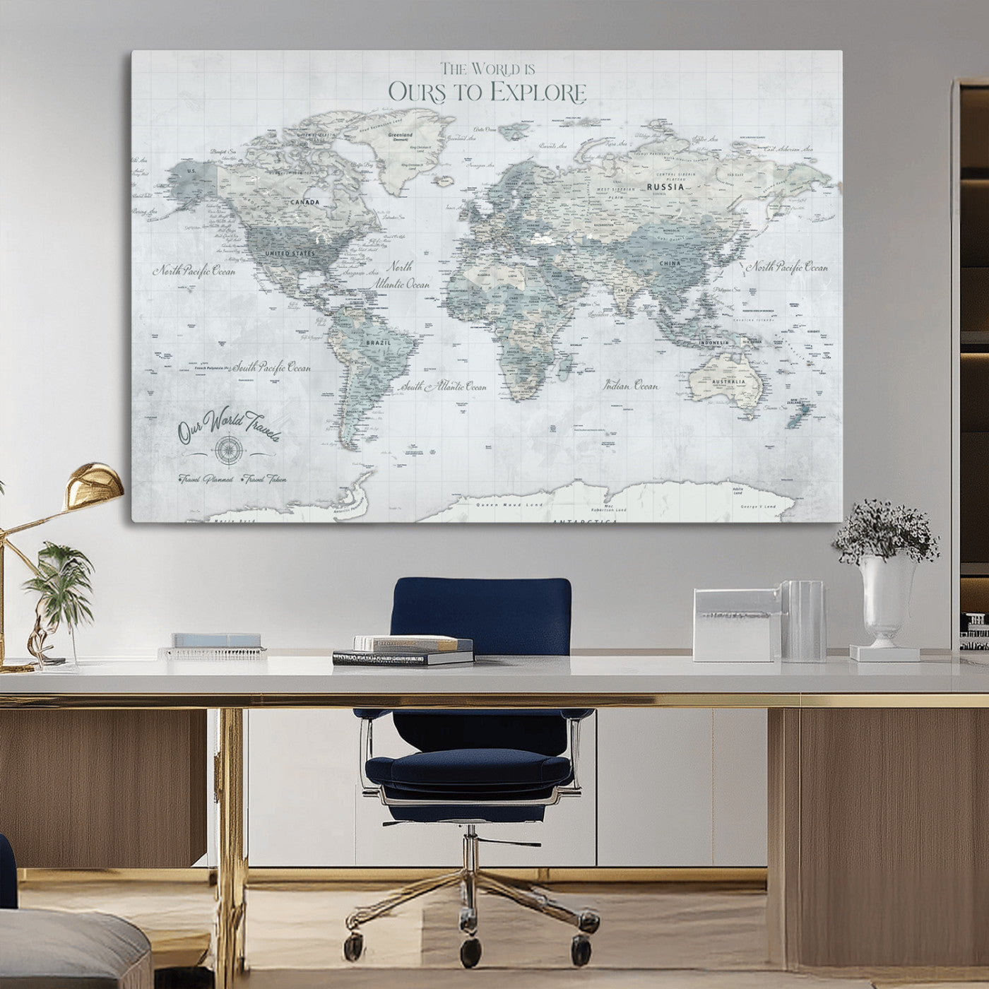 Rehber01-MGV-CV-36X24-Personalized Push Pin World Map Canvas Print – Custom Framed Travel Tracker Wall Art Large Map Artwork for Home, Office