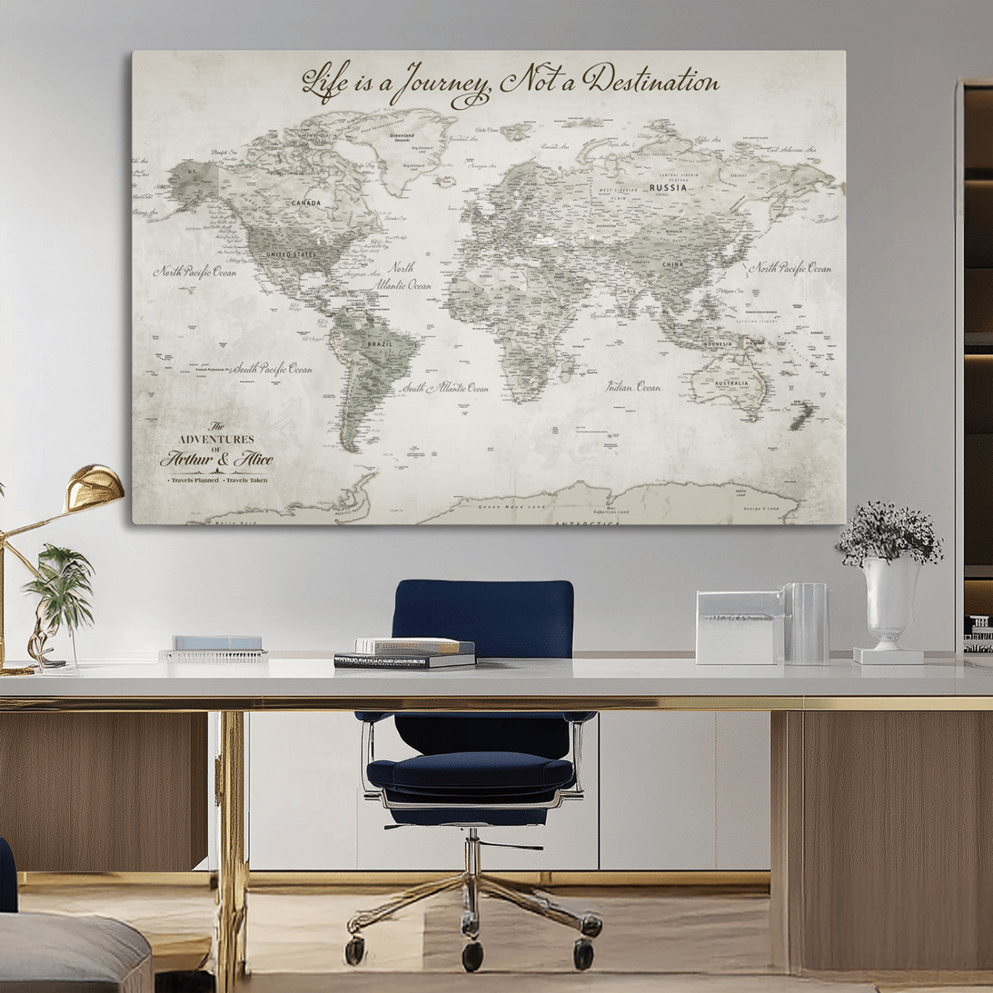 11398637-MGV-CV-36X24-Personalized Vintage World Map Canvas Print – Framed Push Pin Travel Tracker Neutral Elegant Artwork for Home, Office