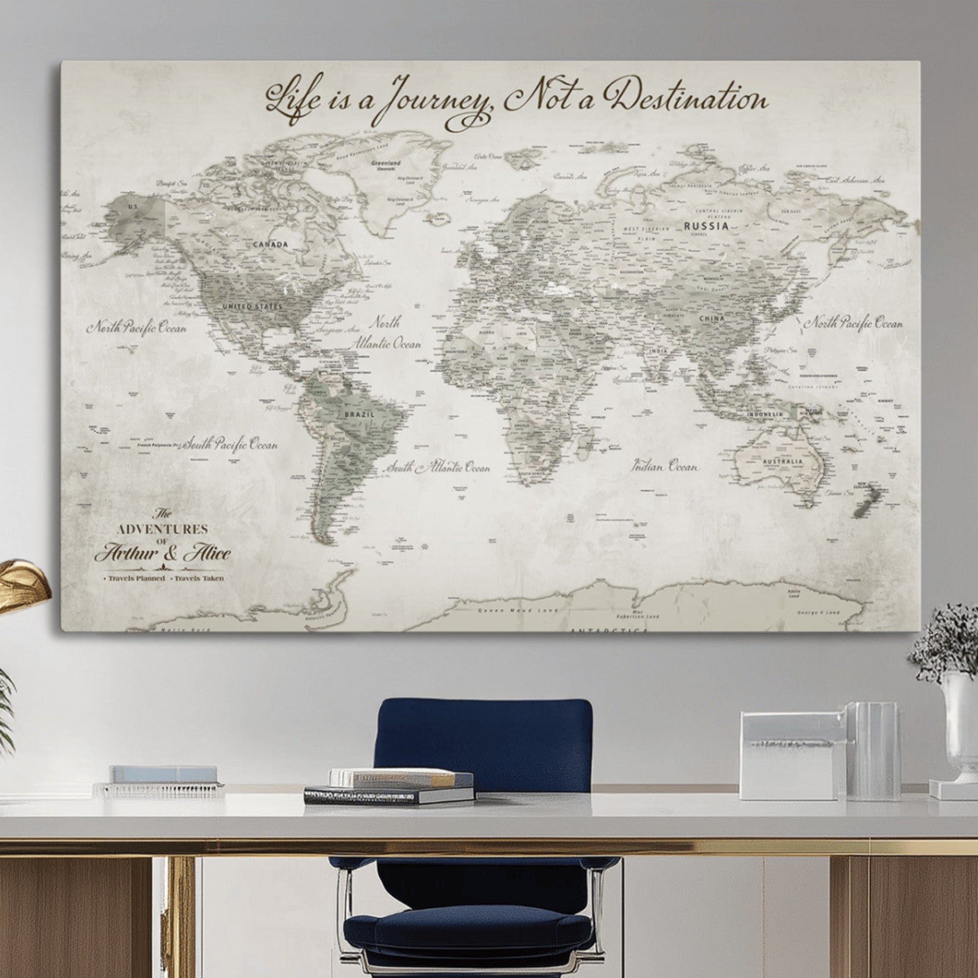 Rehber01-MGV-CV-36X24-Custom Push Pin World Map Canvas Print – Personalized Travel Tracker Wall Art, Large World Map Decor for Home, Office