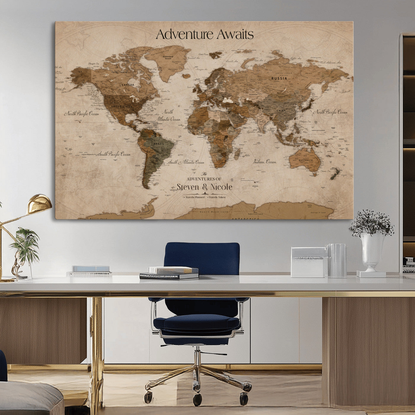 -Personalized Push Pin World Map Canvas – Custom Framed Travel Tracker Wall Art, Large Adventure Map with Pins for Home, Office