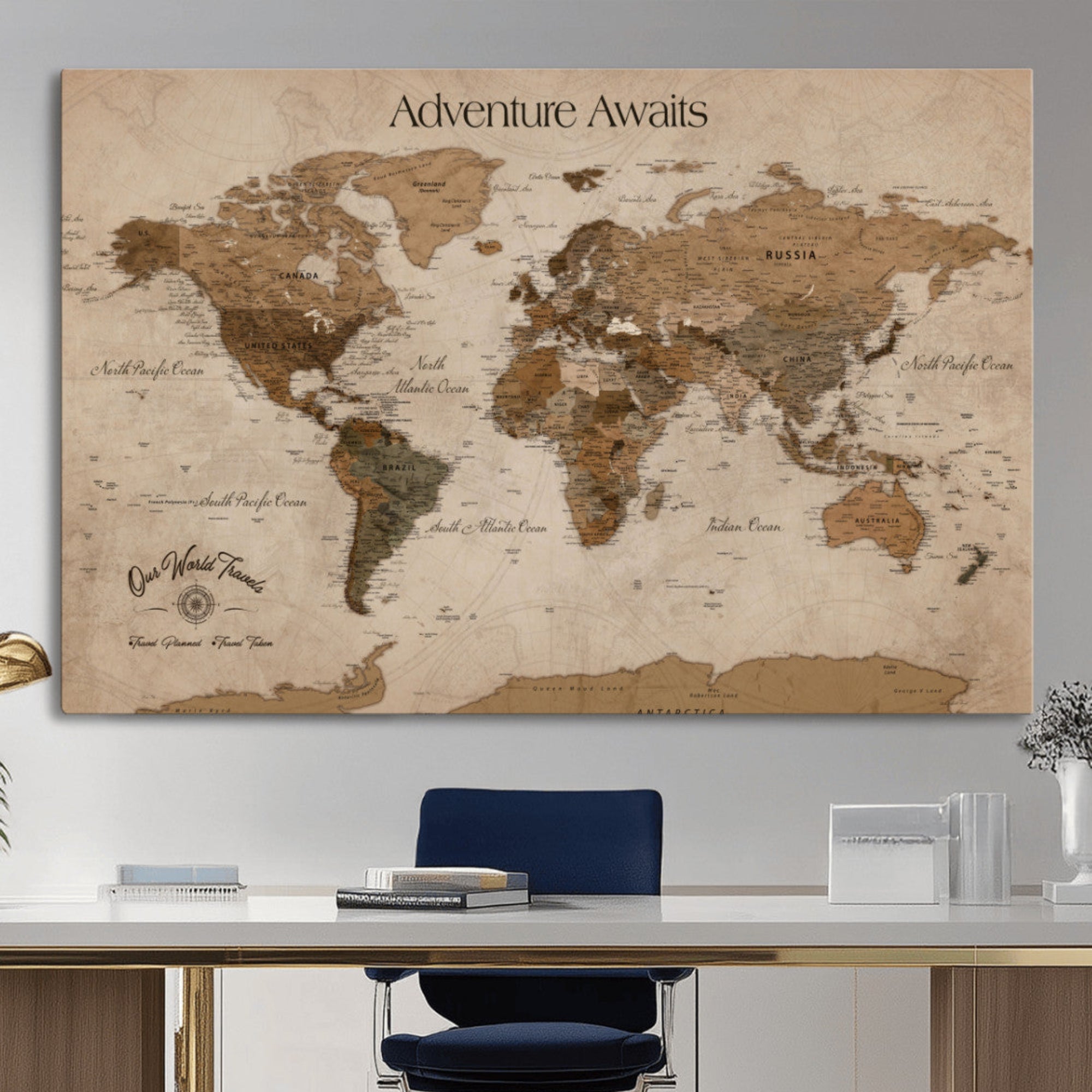 Rehber01-MGV-CV-36X24-Personalized Framed World Map Wall Art Canvas – Custom Push Pin Travel Map with 100 Pins Foam Backing for Home Office