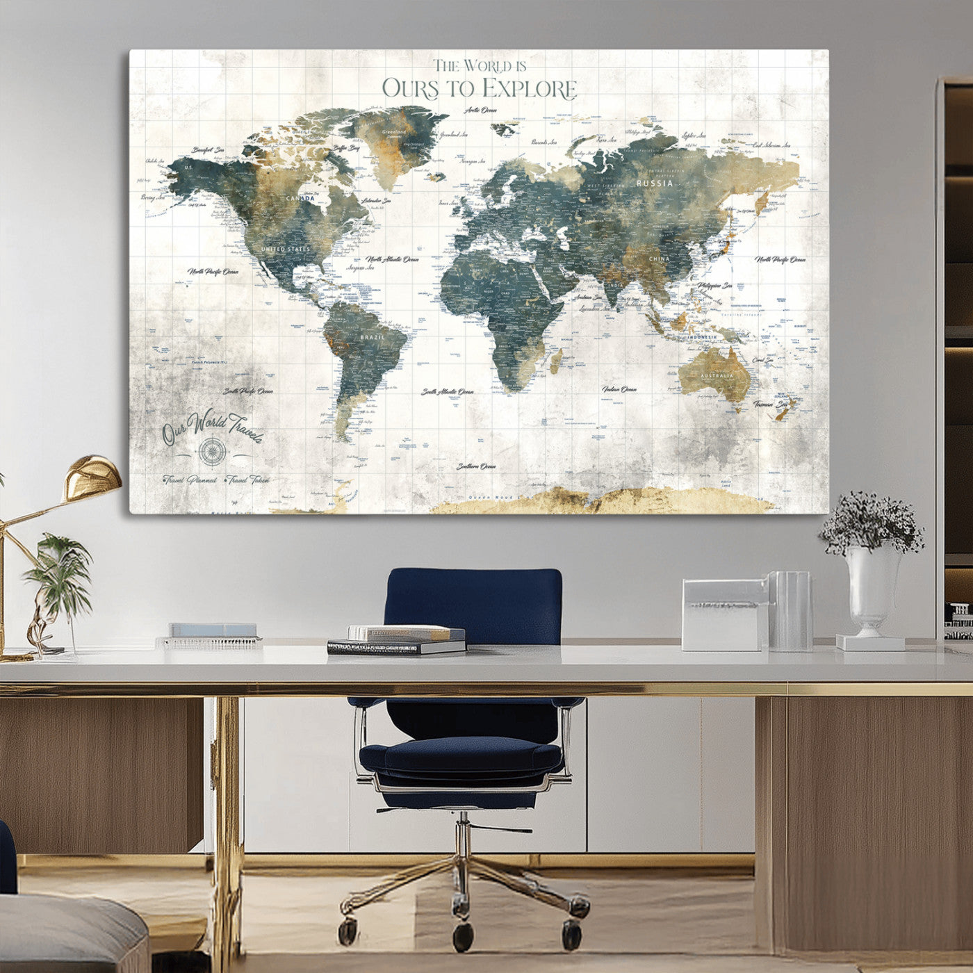 -Custom Push Pin World Map Wall Art Canvas Print – Adventure Travel Tracker Map with Pins Artwork for Home Office