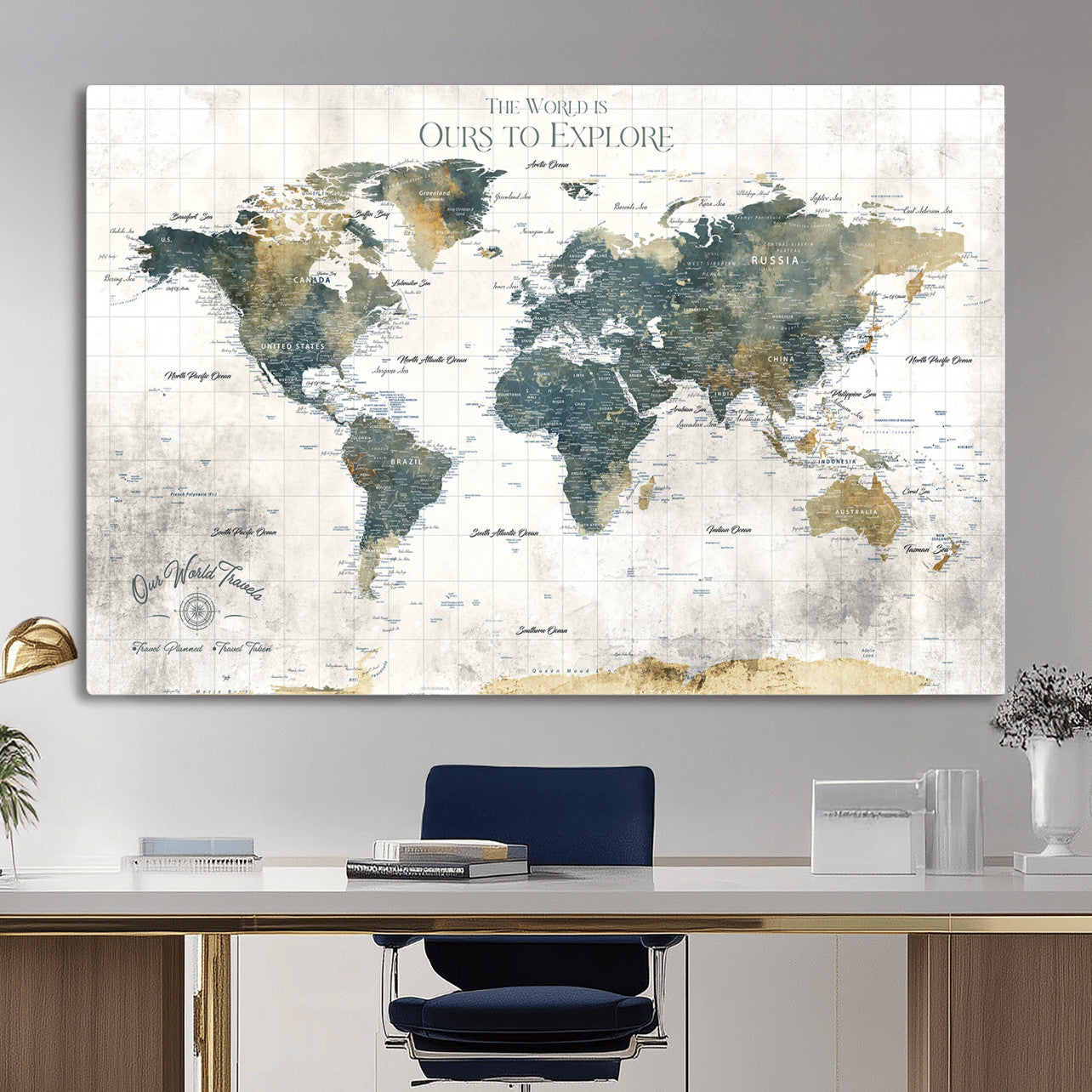 14988581-MGV-CV-36X24 - Custom Push Pin World Map Wall Canvas Print – Personalized Travel Tracker with Pins – Framed Custom Quotie Canvas for Home Office Decor