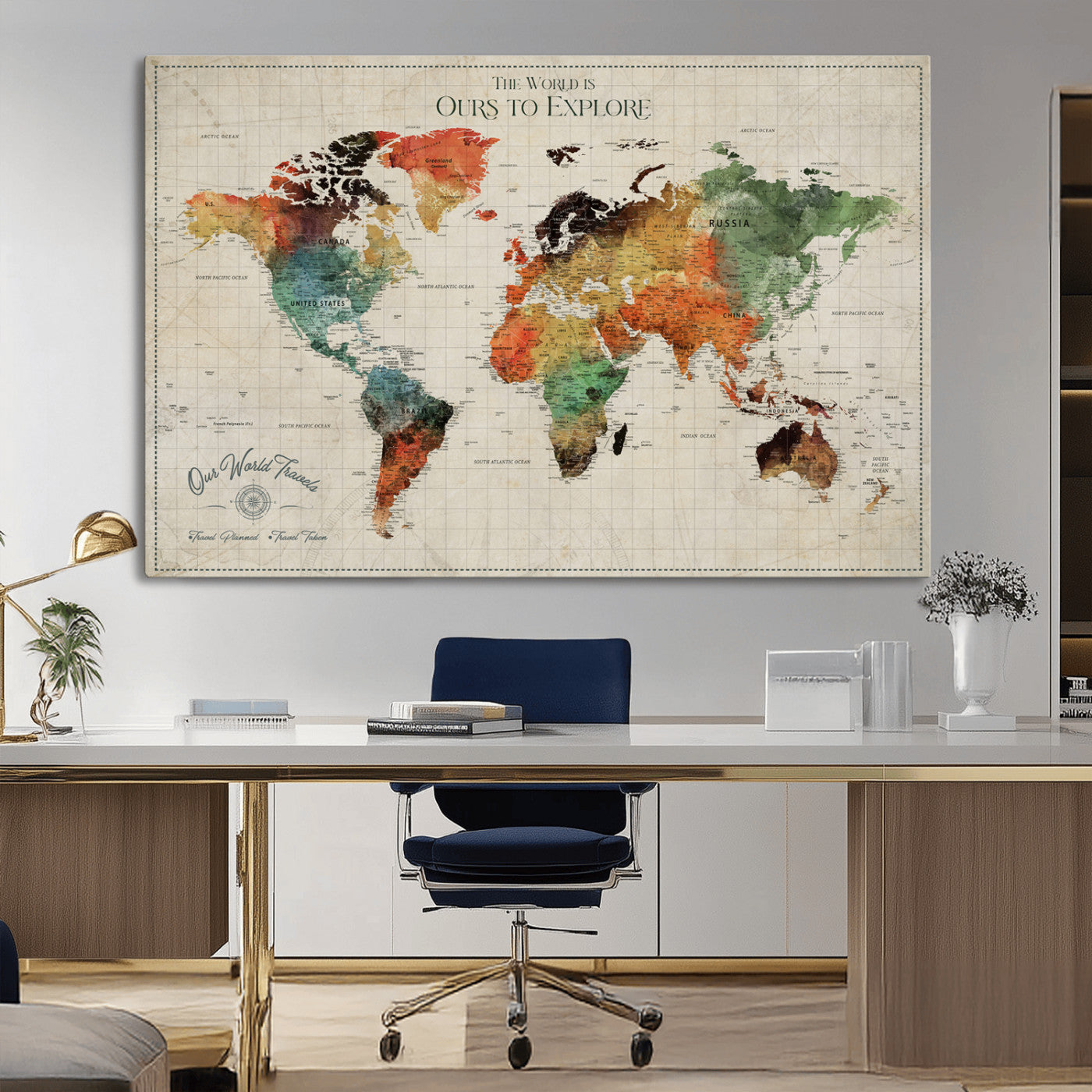 Rehber01-MGV-CV-36X24-Custom Push Pin World Map Wall Art Canvas Print – Personalized Travel Tracker Map Framed Artwork for Home Office