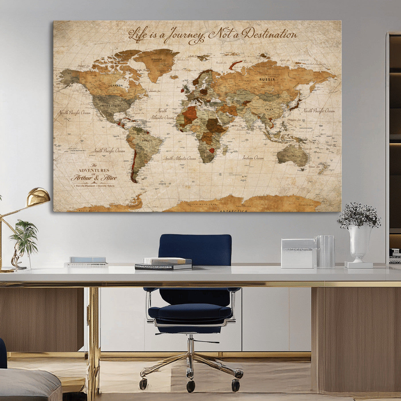 Rehber01-MGV-CV-36X24-Personalized Vintage World Map Canvas – Custom Framed Push Pin Travel Map Wall Art, Rustic Gift for Couples and Travel Lovers