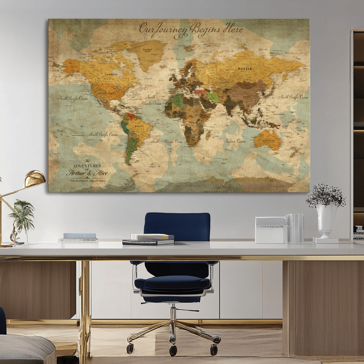 40572820-MGV-CV-36X24-Personalized World Map Canvas – Custom Framed Push Pin Travel Map Wall Art, Vintage Style Gift for Couples